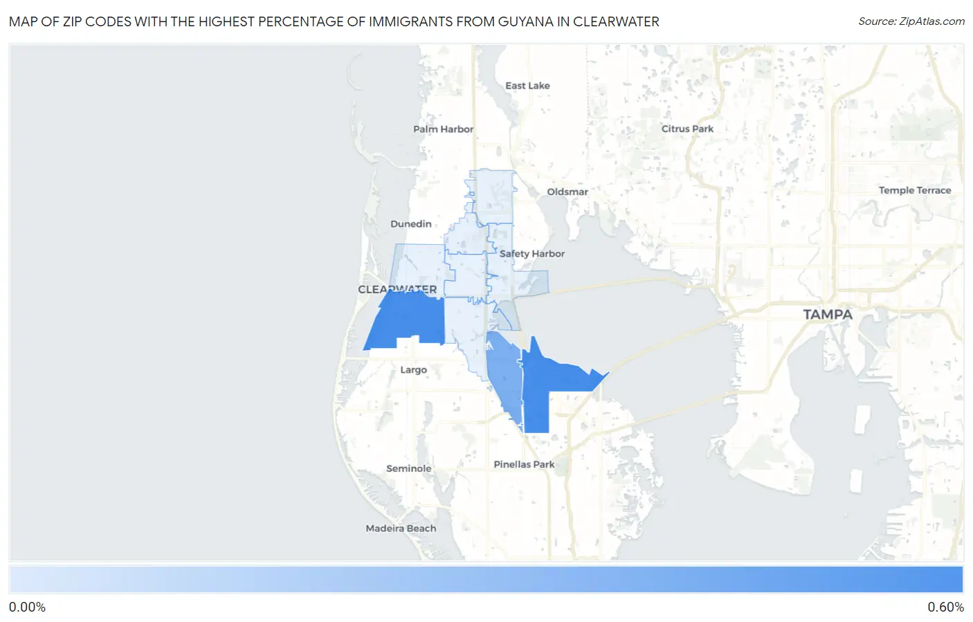 Zip Codes with the Highest Percentage of Immigrants from Guyana in Clearwater Map