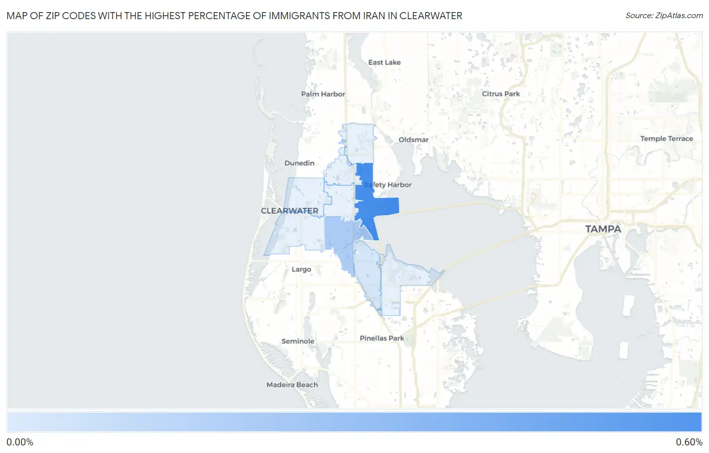 Zip Codes with the Highest Percentage of Immigrants from Iran in Clearwater Map