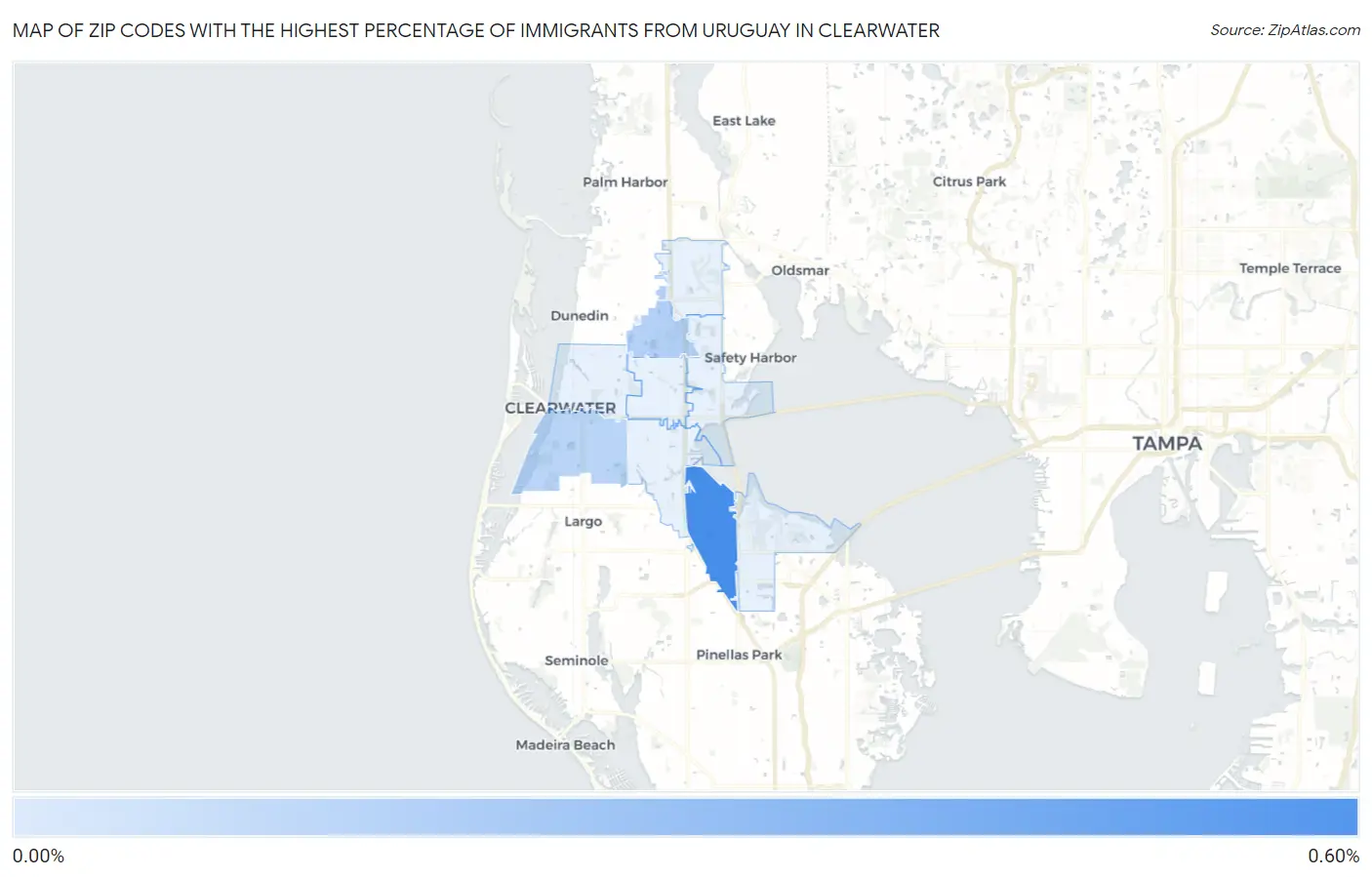 Zip Codes with the Highest Percentage of Immigrants from Uruguay in Clearwater Map