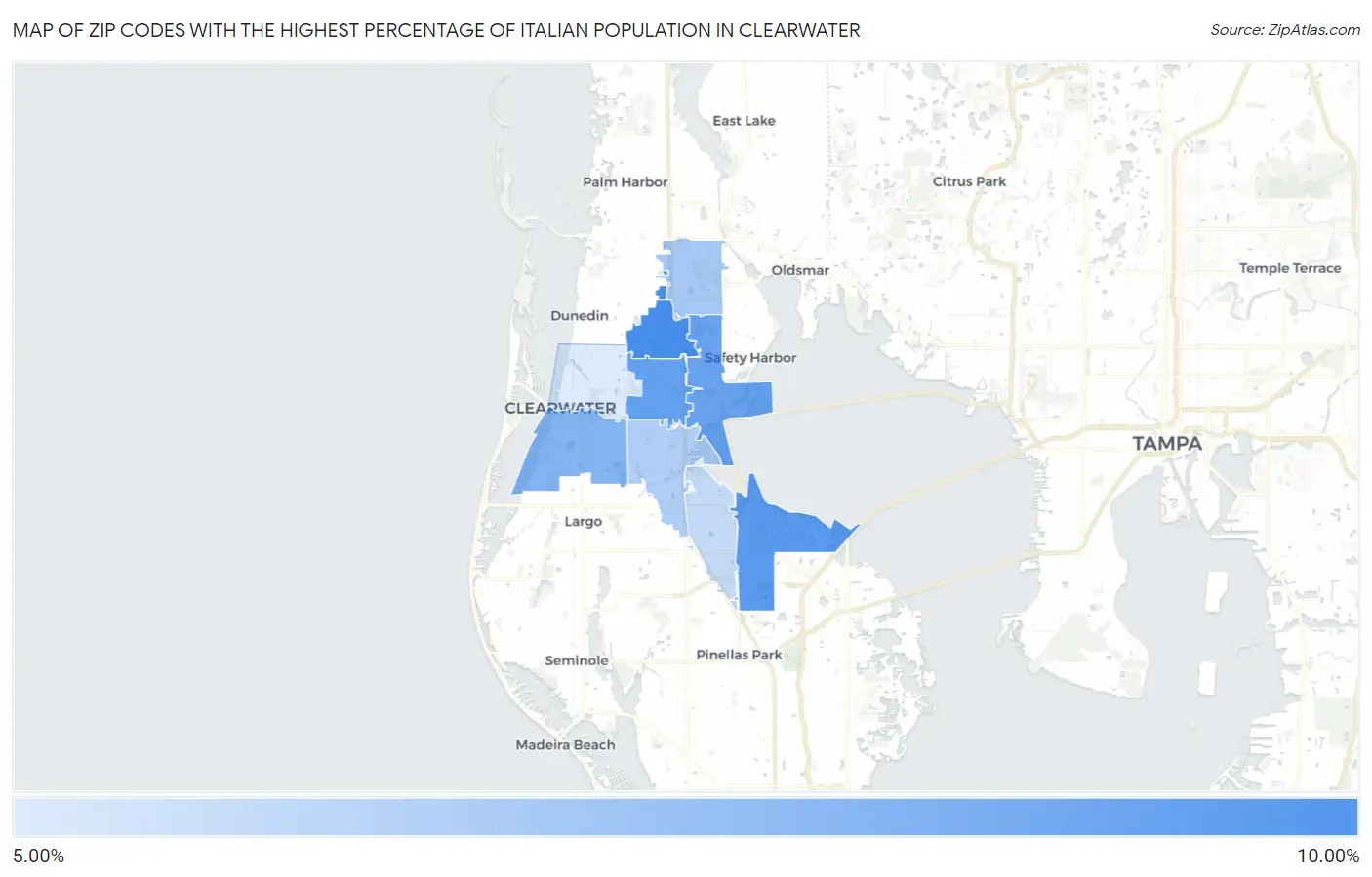 Zip Codes with the Highest Percentage of Italian Population in Clearwater Map