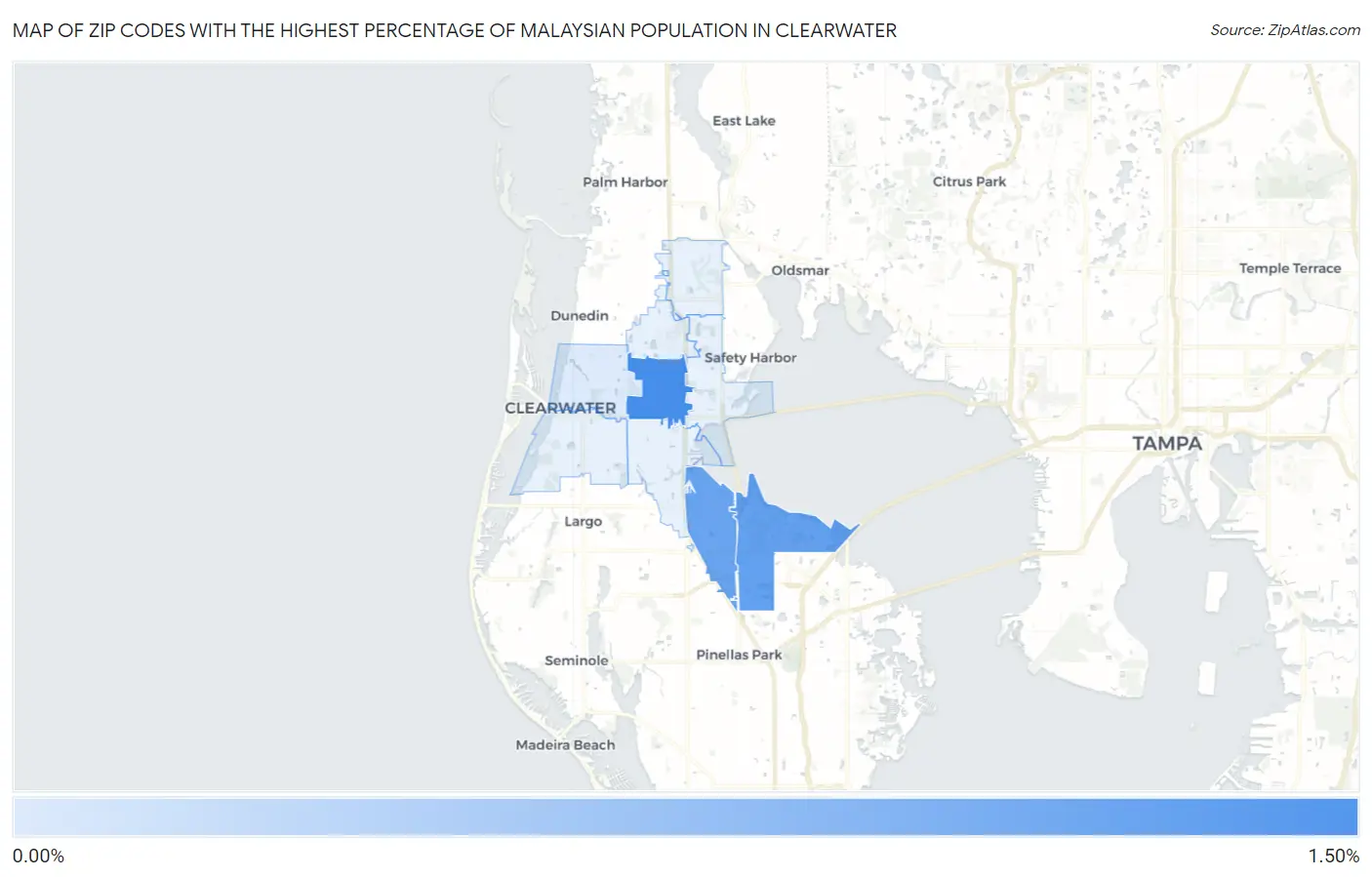 Zip Codes with the Highest Percentage of Malaysian Population in Clearwater Map