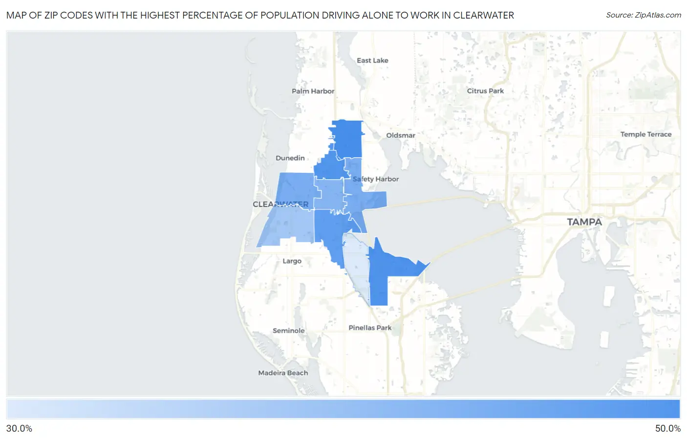 Zip Codes with the Highest Percentage of Population Driving Alone to Work in Clearwater Map