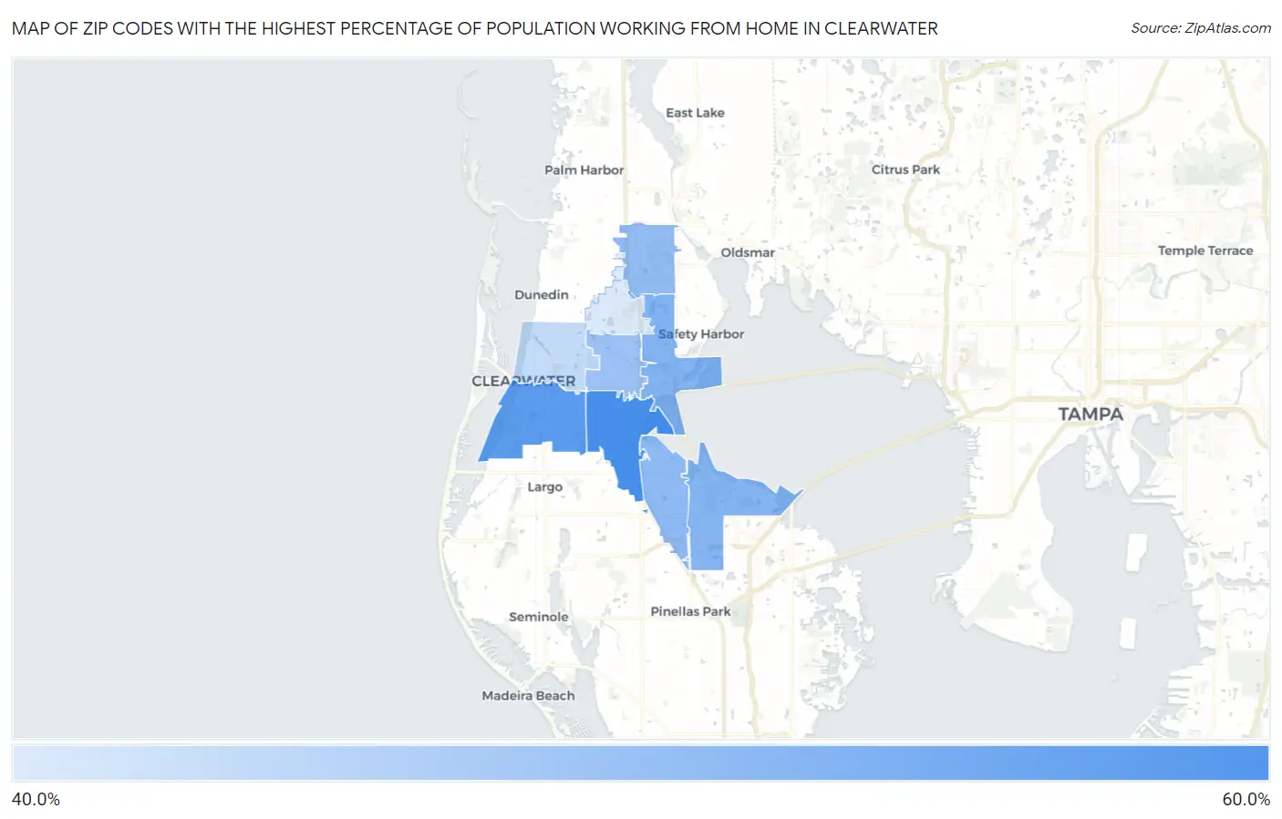 Zip Codes with the Highest Percentage of Population Working from Home in Clearwater Map