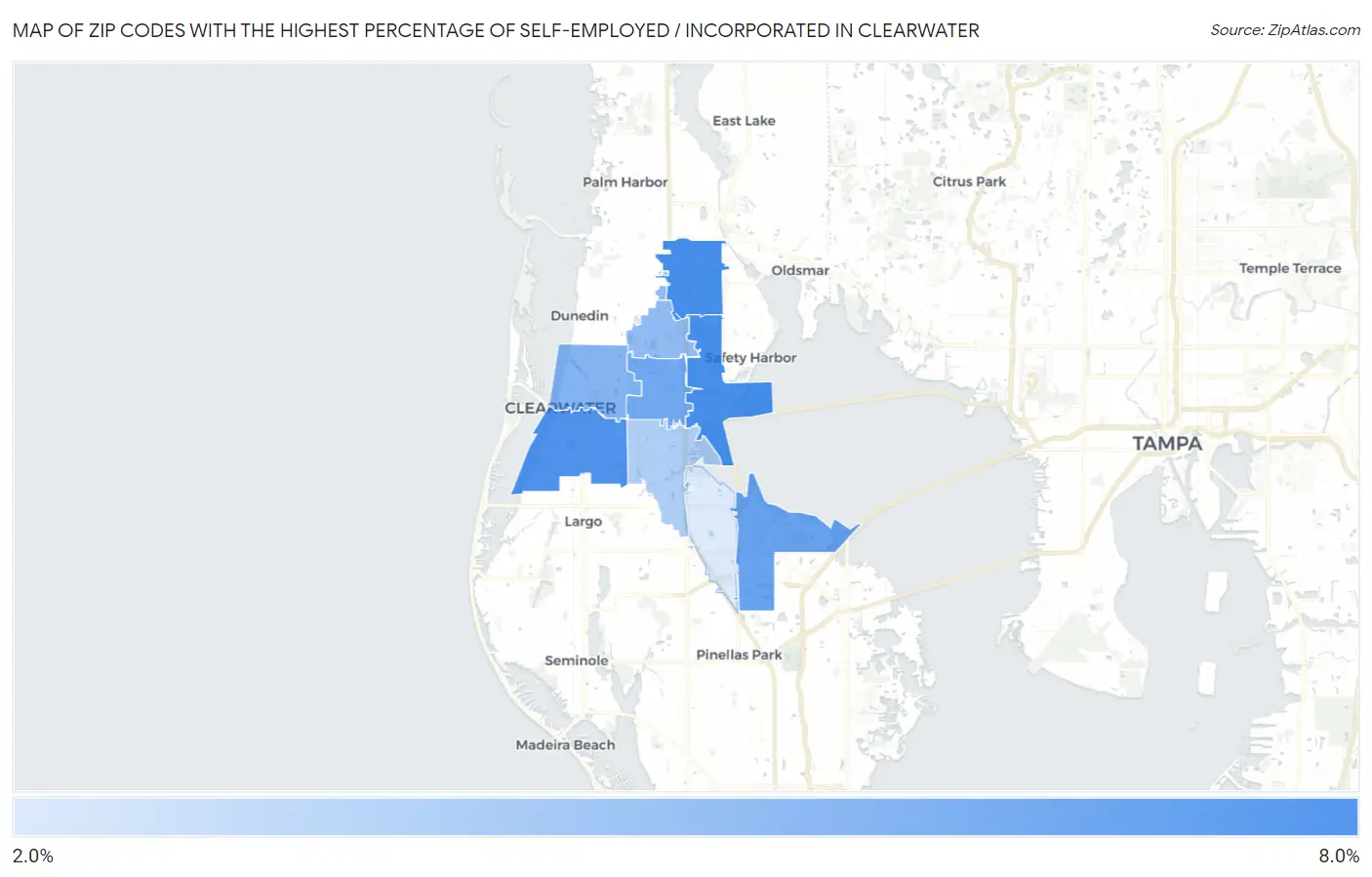 Zip Codes with the Highest Percentage of Self-Employed / Incorporated in Clearwater Map