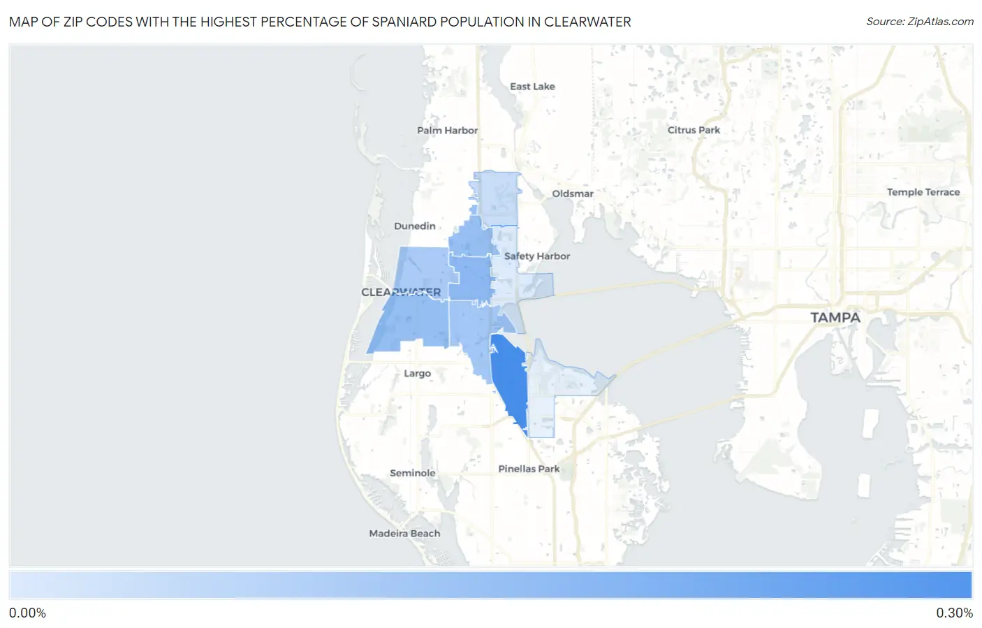Zip Codes with the Highest Percentage of Spaniard Population in Clearwater Map