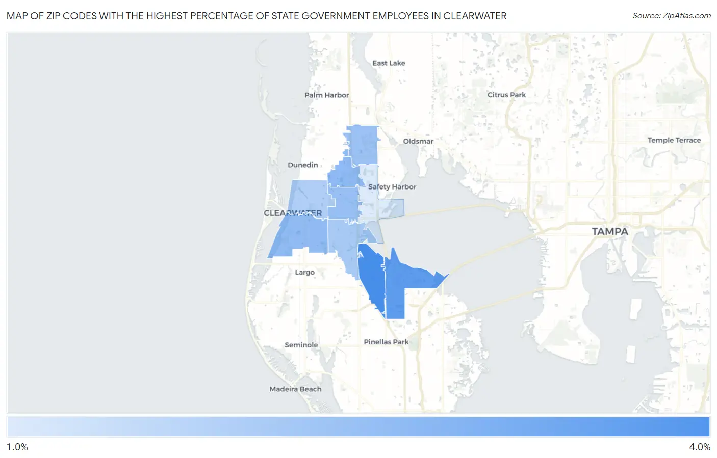 Zip Codes with the Highest Percentage of State Government Employees in Clearwater Map