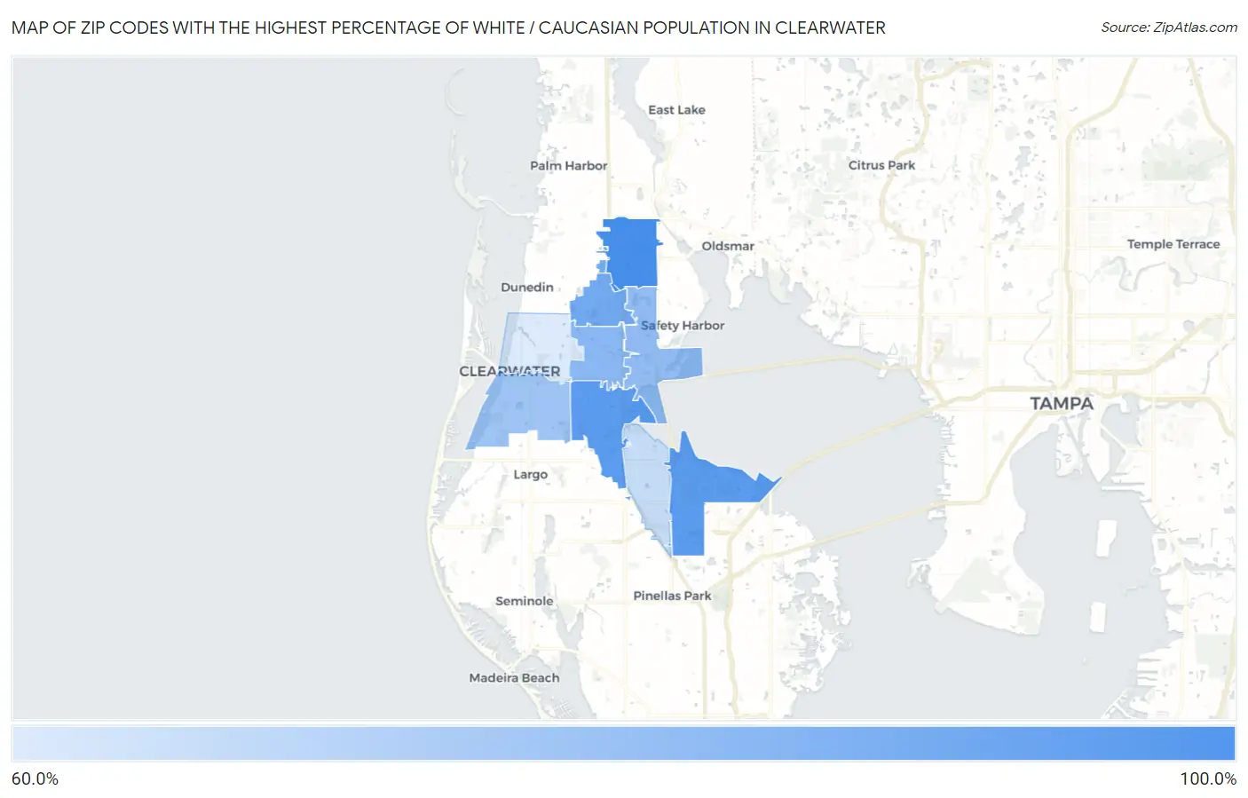 Zip Codes with the Highest Percentage of White / Caucasian Population in Clearwater Map