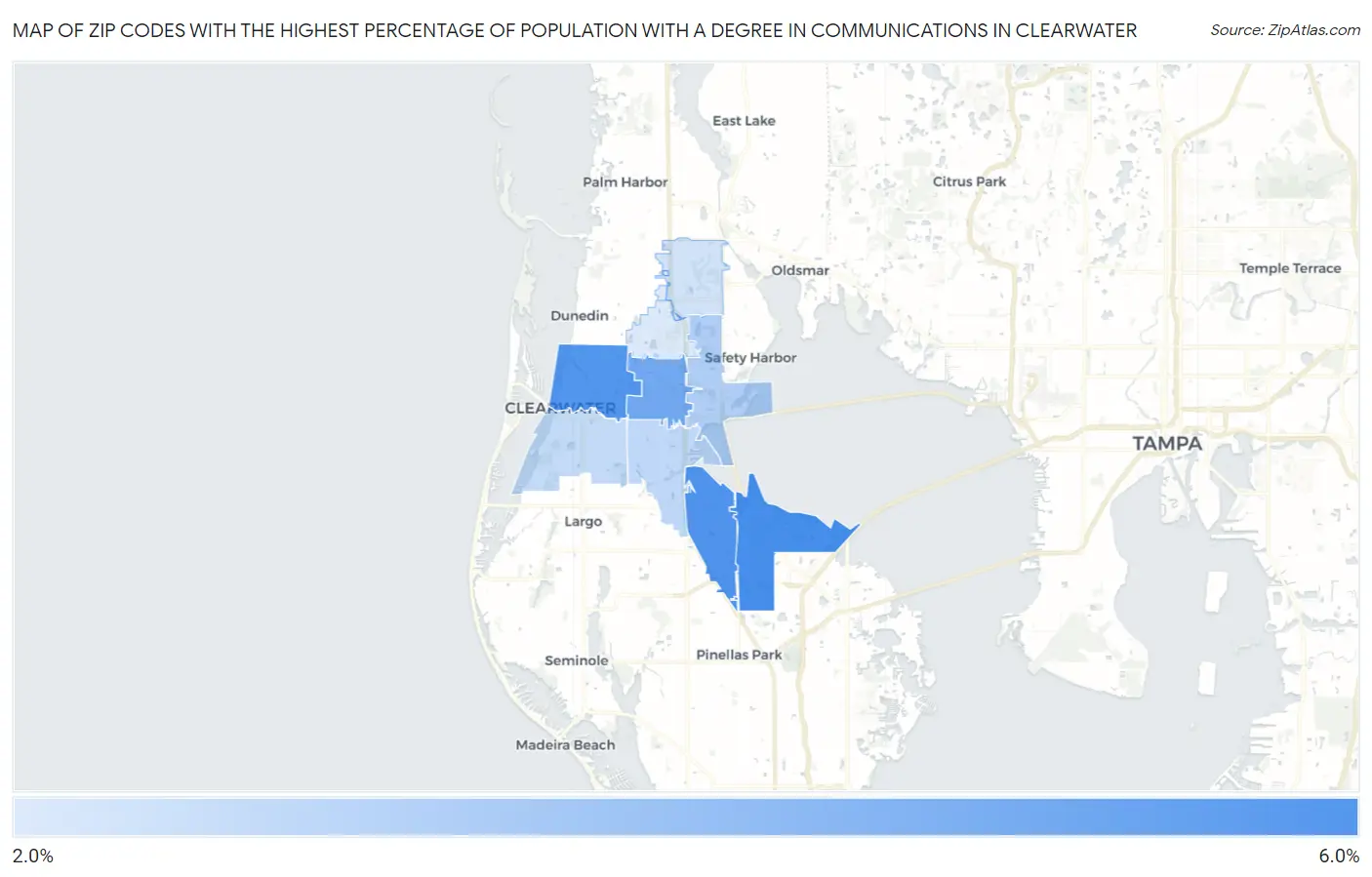 Zip Codes with the Highest Percentage of Population with a Degree in Communications in Clearwater Map
