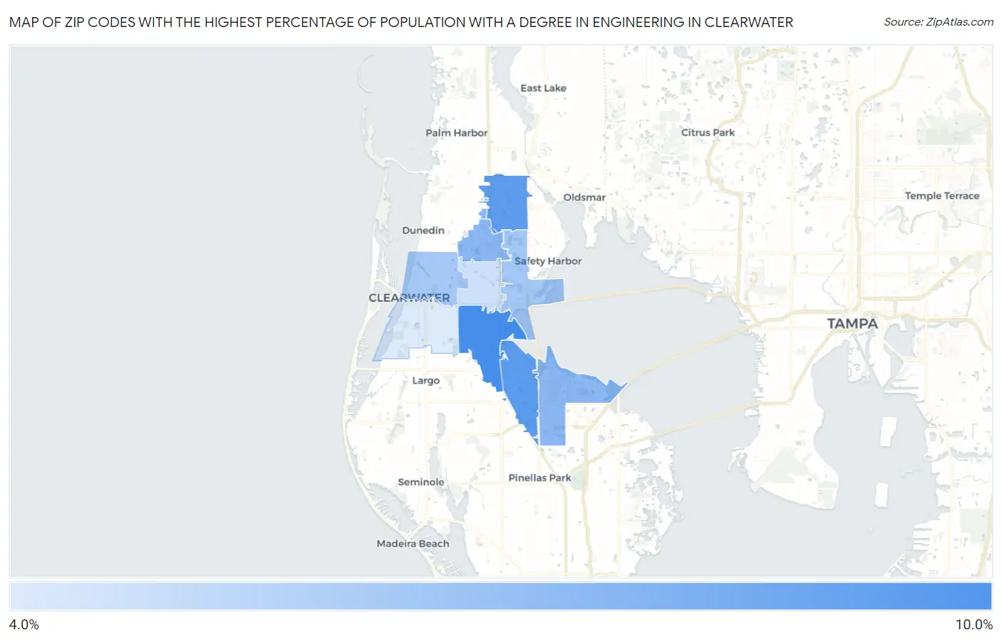 Zip Codes with the Highest Percentage of Population with a Degree in Engineering in Clearwater Map