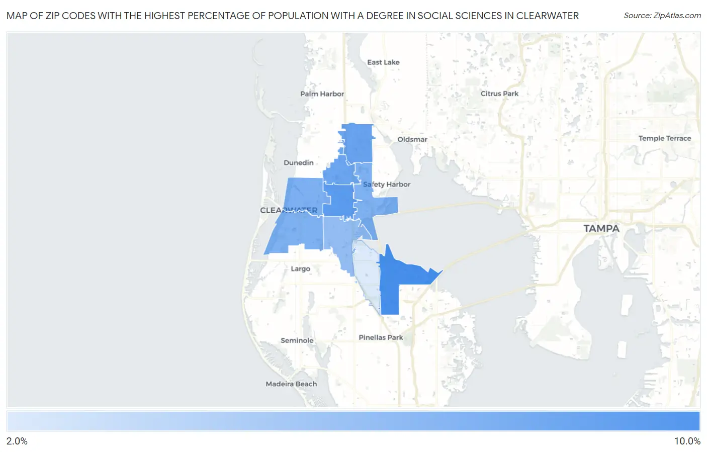 Zip Codes with the Highest Percentage of Population with a Degree in Social Sciences in Clearwater Map