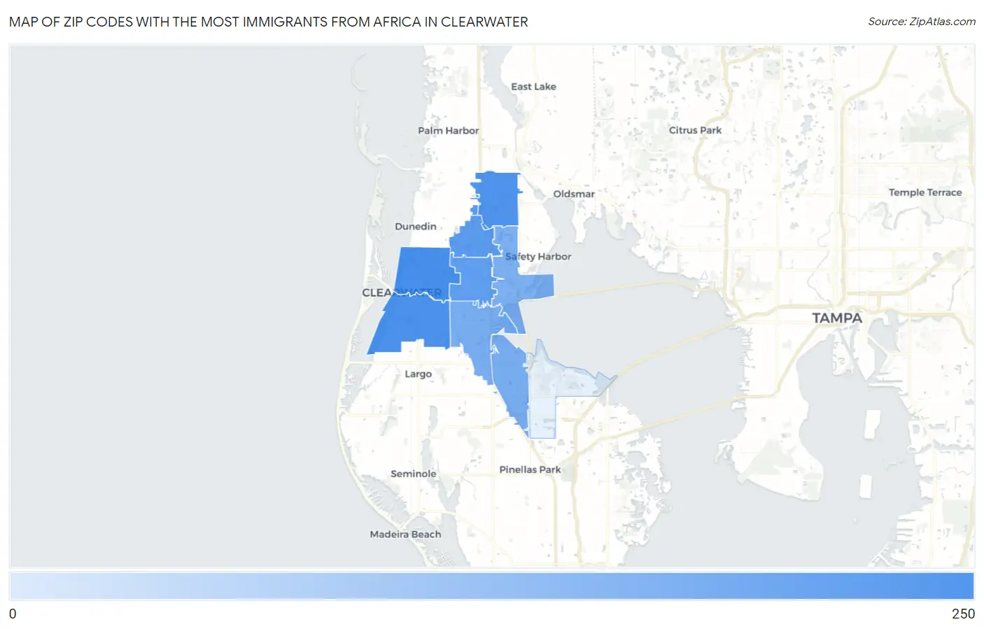 Zip Codes with the Most Immigrants from Africa in Clearwater Map