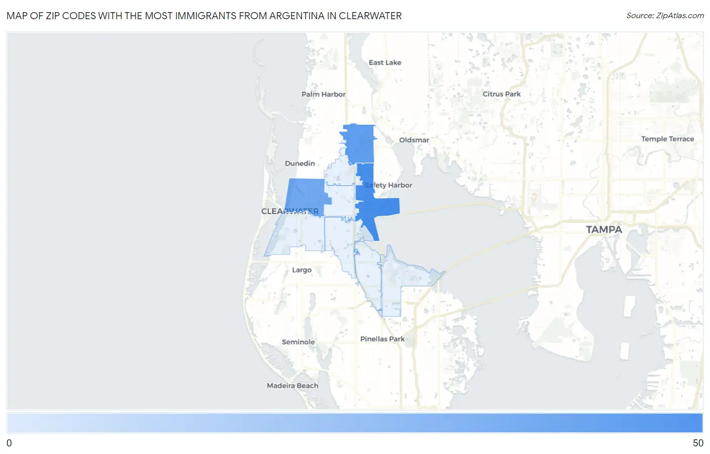 Zip Codes with the Most Immigrants from Argentina in Clearwater Map
