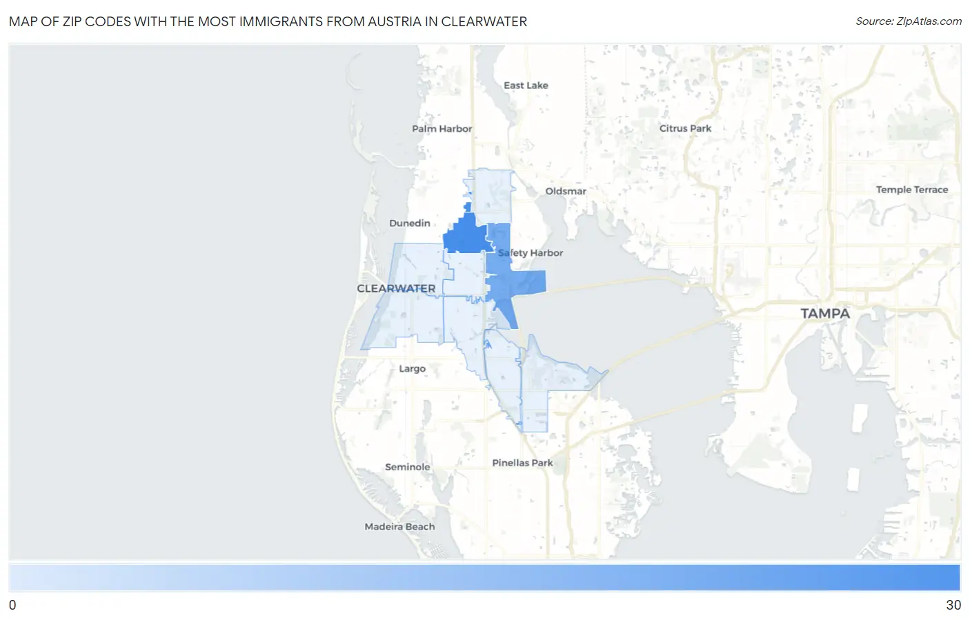 Zip Codes with the Most Immigrants from Austria in Clearwater Map