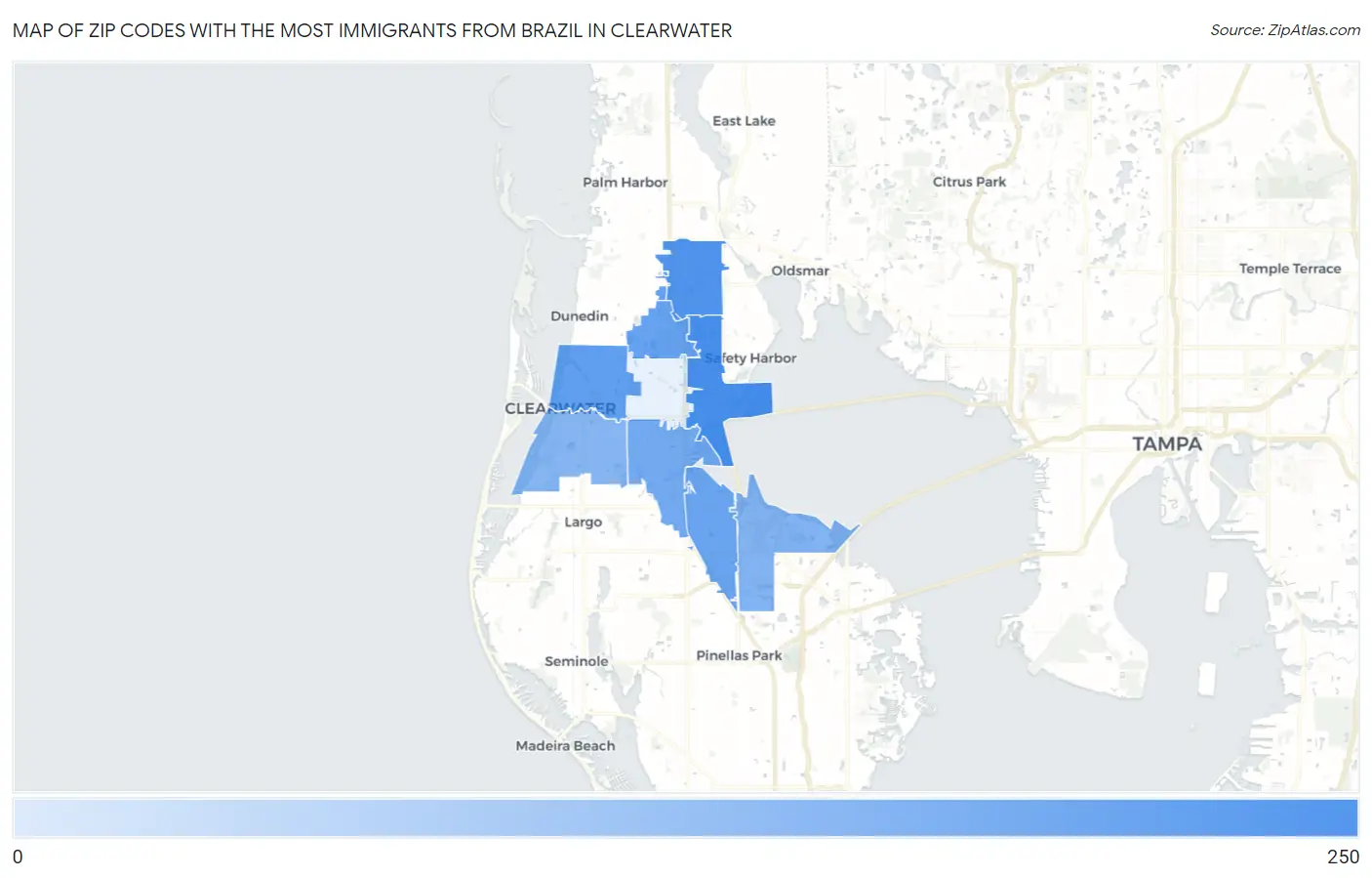 Zip Codes with the Most Immigrants from Brazil in Clearwater Map