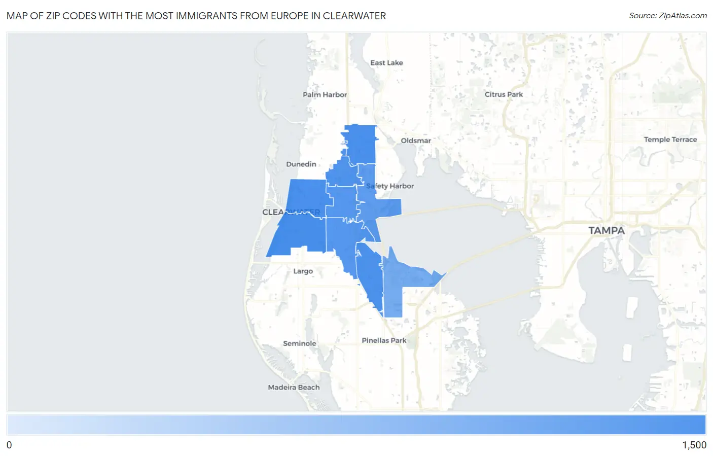 Zip Codes with the Most Immigrants from Europe in Clearwater Map