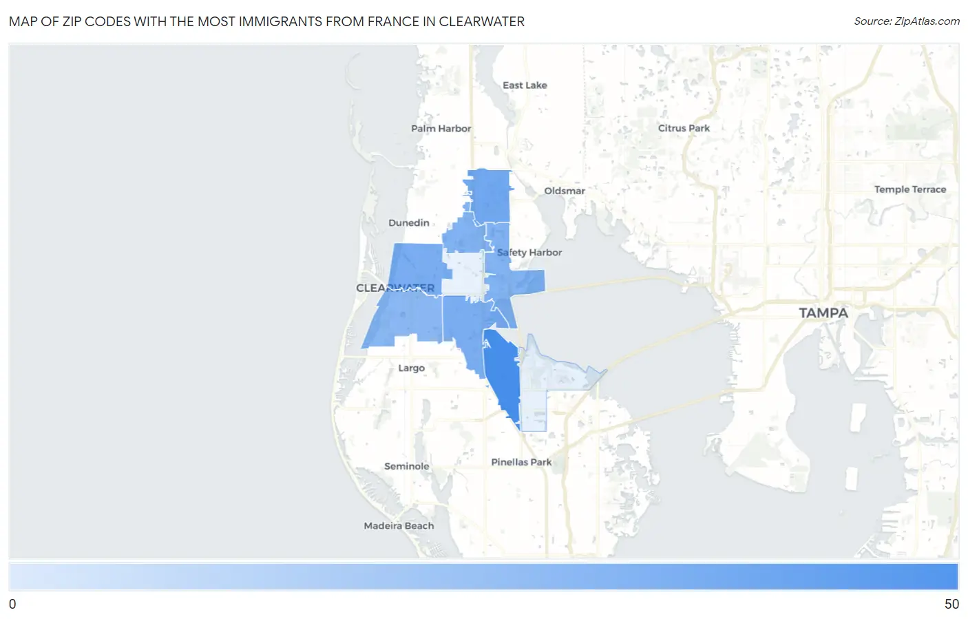 Zip Codes with the Most Immigrants from France in Clearwater Map