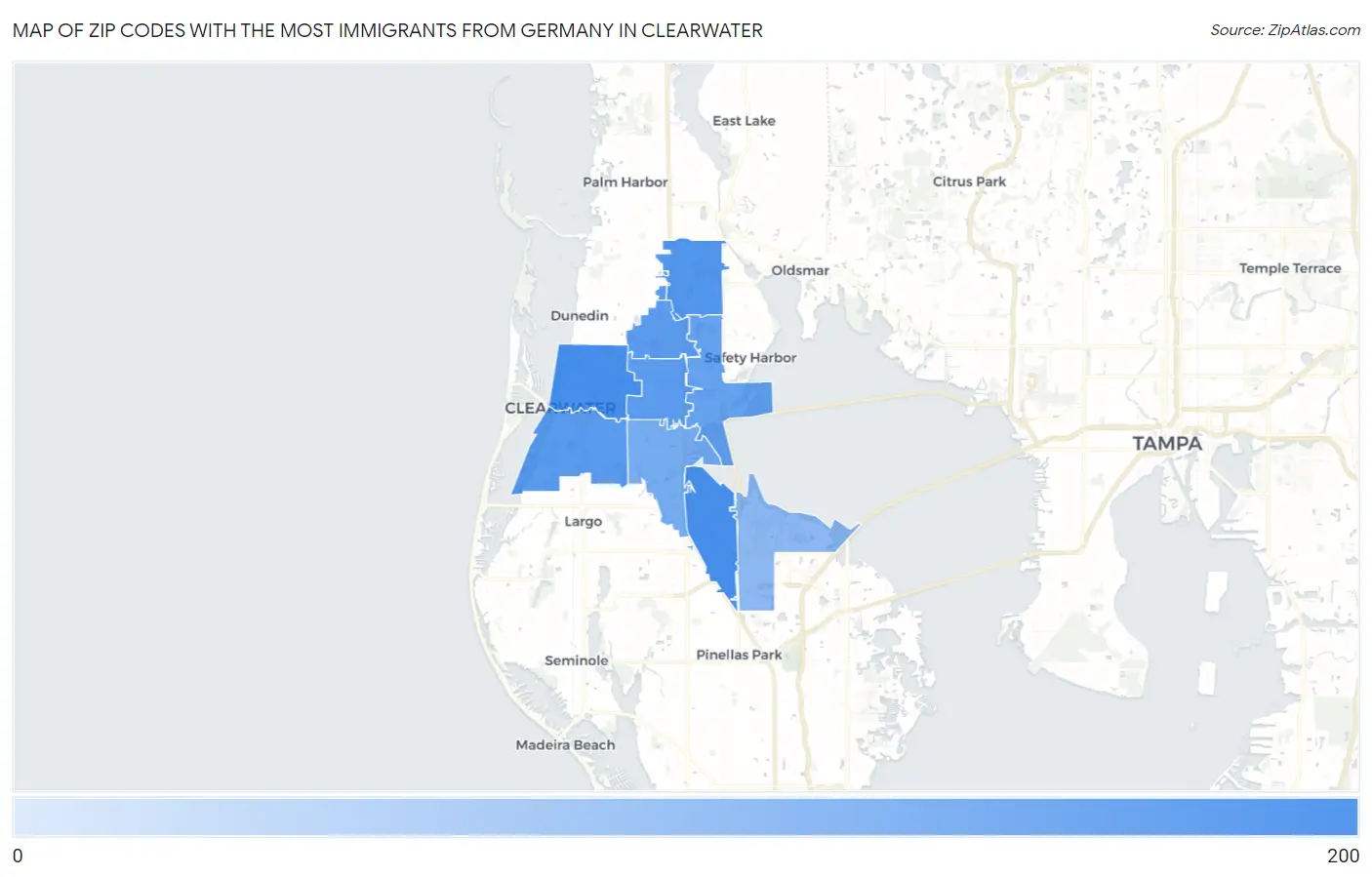 Zip Codes with the Most Immigrants from Germany in Clearwater Map
