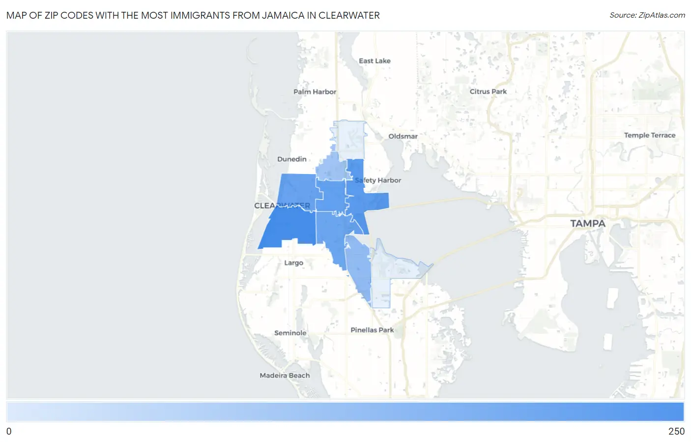 Zip Codes with the Most Immigrants from Jamaica in Clearwater Map