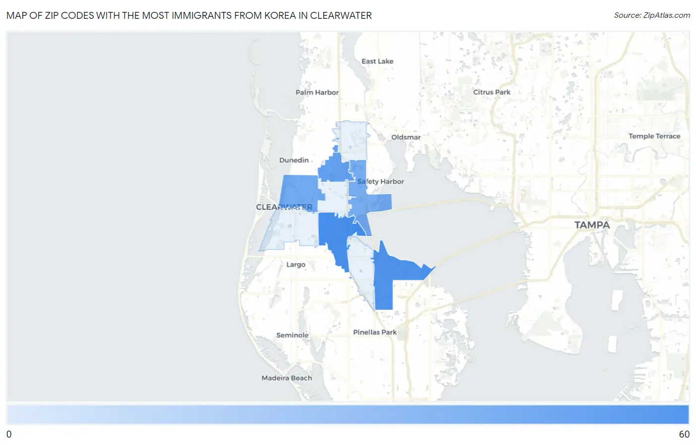 Zip Codes with the Most Immigrants from Korea in Clearwater Map