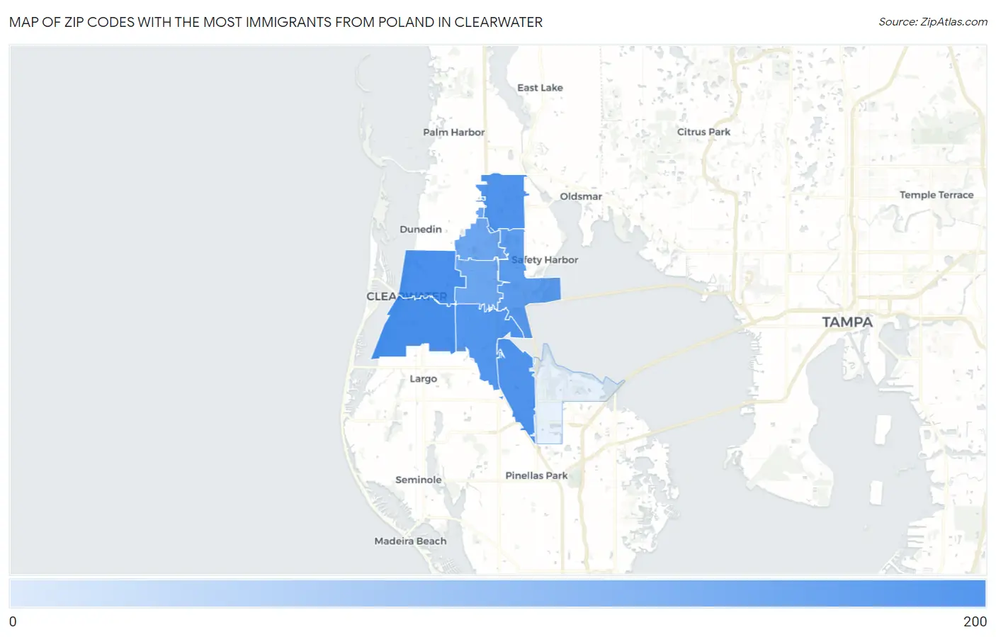 Zip Codes with the Most Immigrants from Poland in Clearwater Map