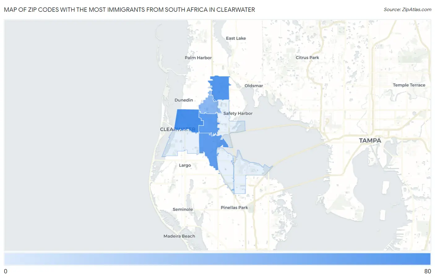 Zip Codes with the Most Immigrants from South Africa in Clearwater Map