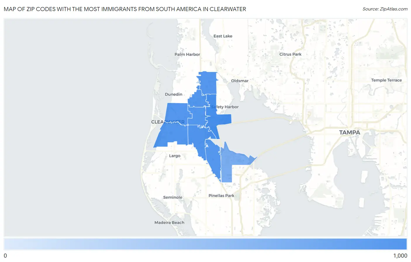 Zip Codes with the Most Immigrants from South America in Clearwater Map