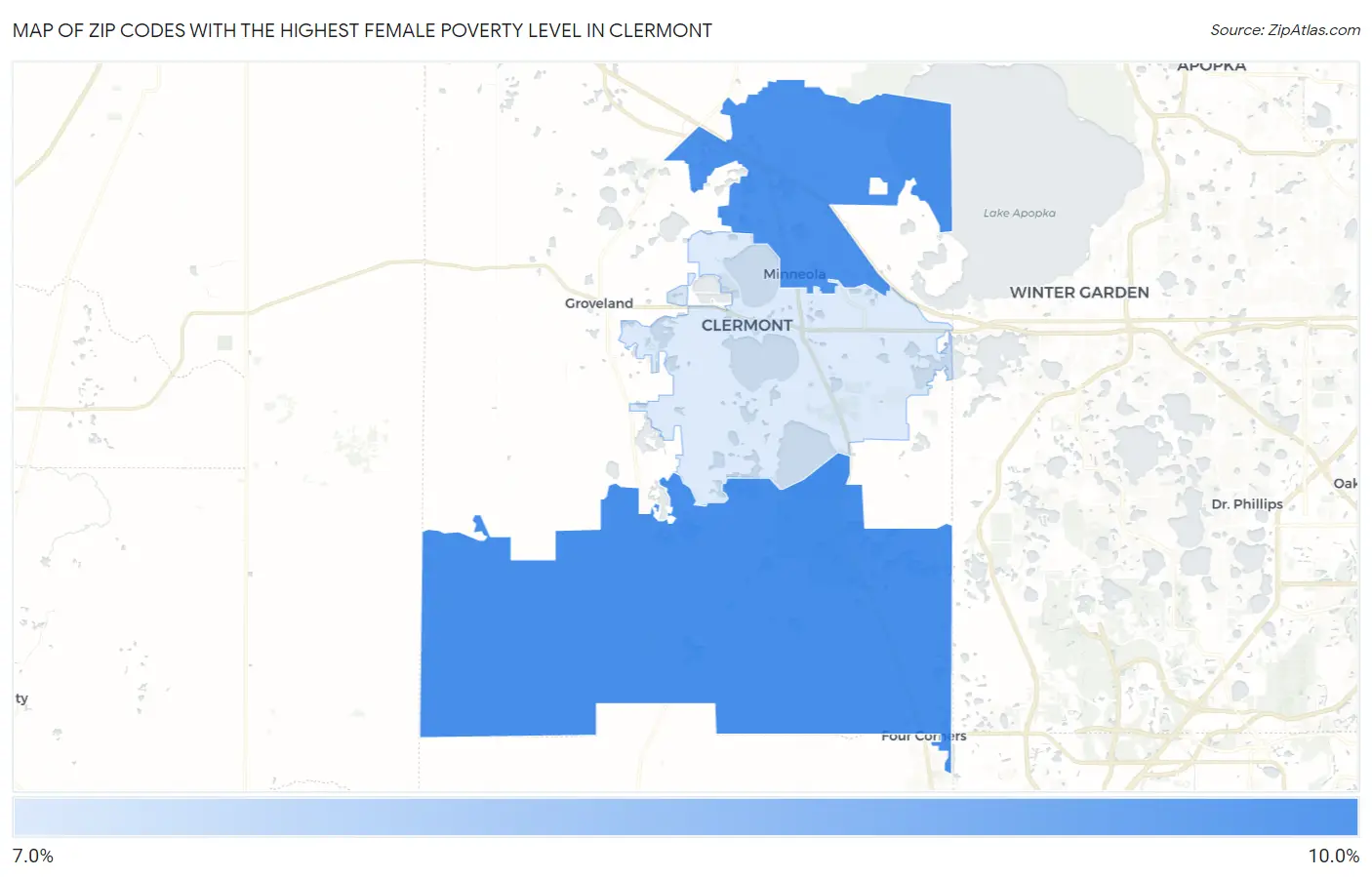 Zip Codes with the Highest Female Poverty Level in Clermont Map