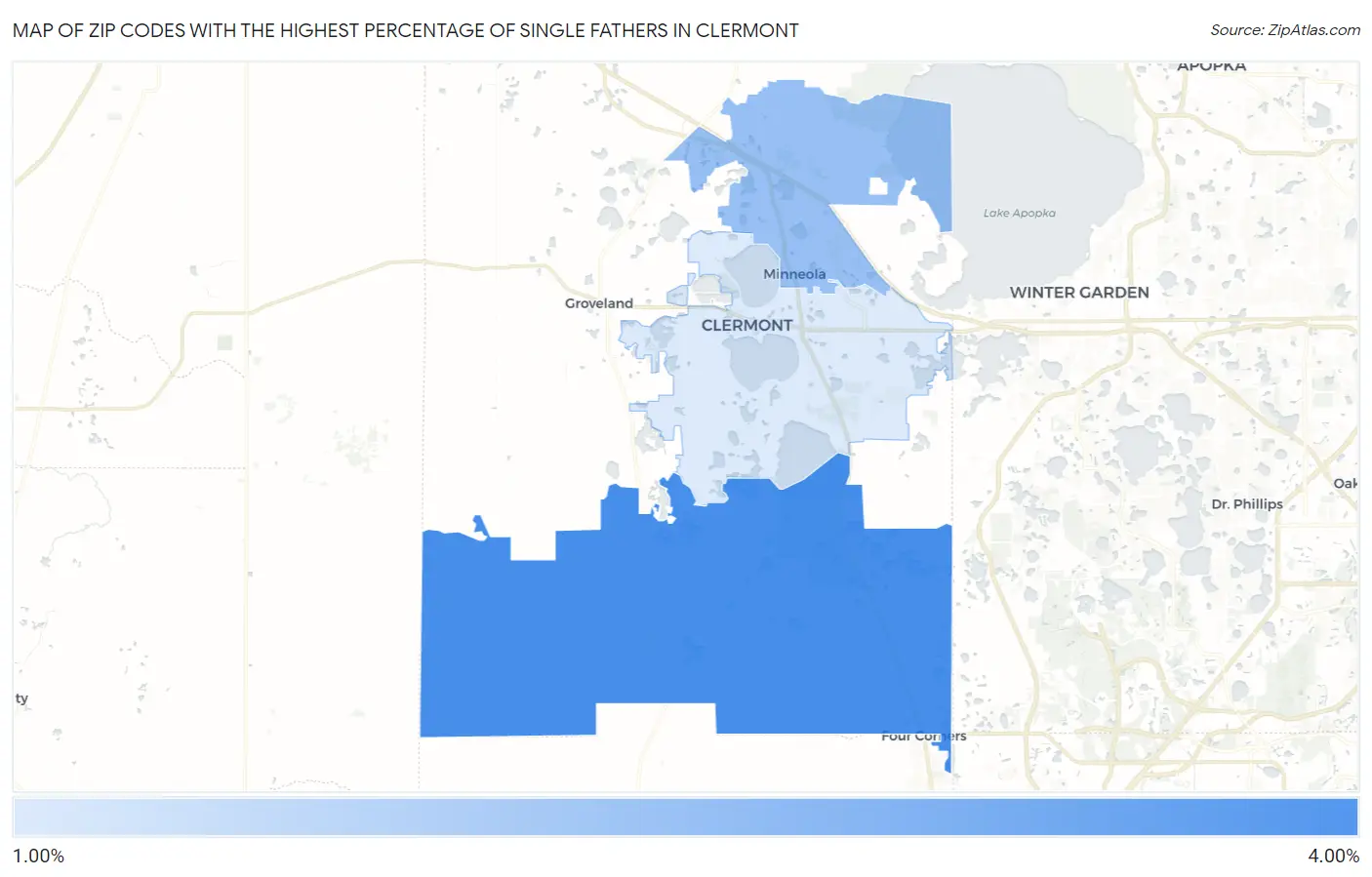 Zip Codes with the Highest Percentage of Single Fathers in Clermont Map