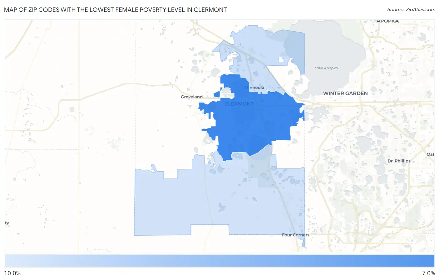Zip Codes with the Lowest Female Poverty Level in Clermont Map