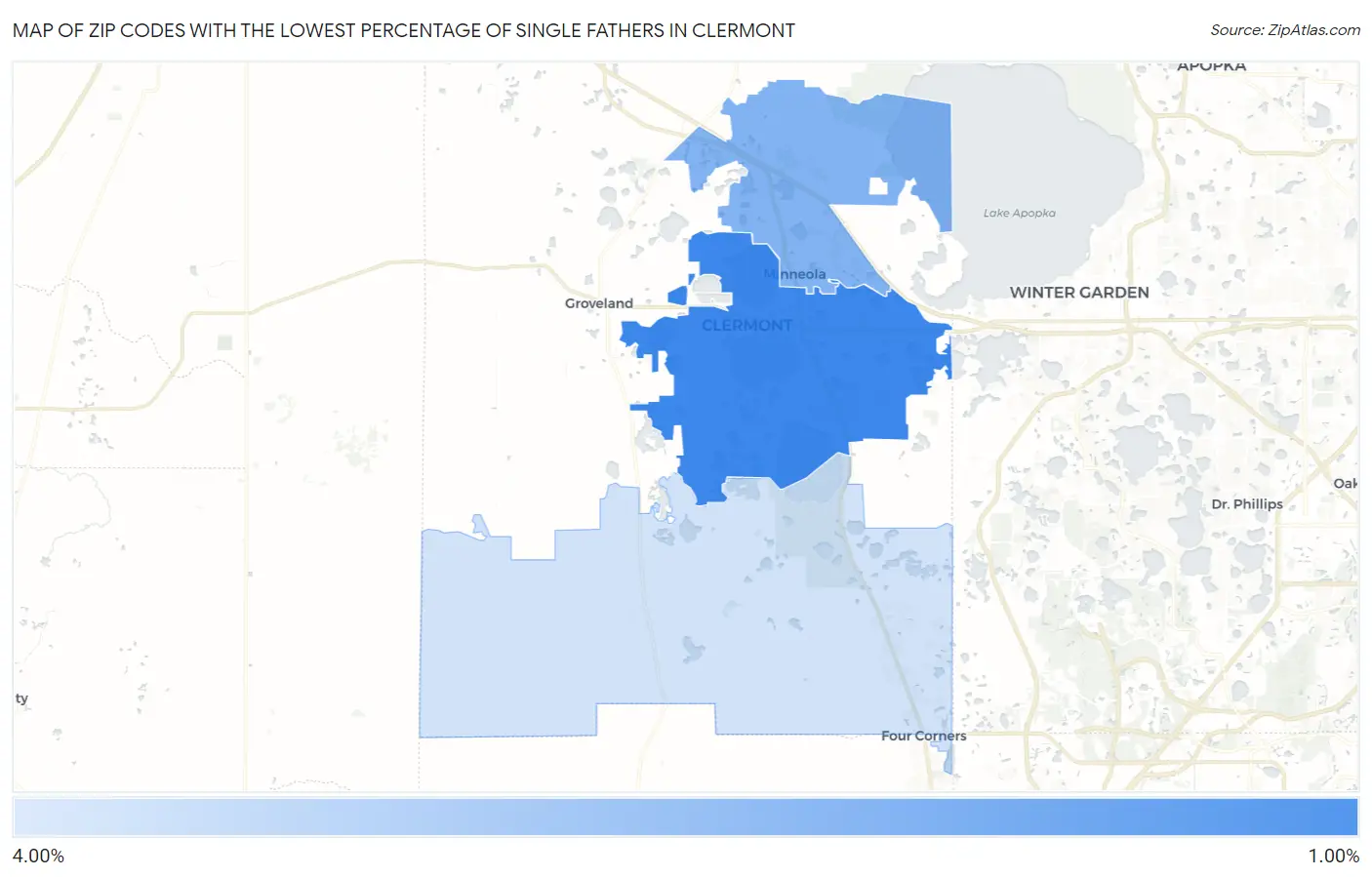 Zip Codes with the Lowest Percentage of Single Fathers in Clermont Map