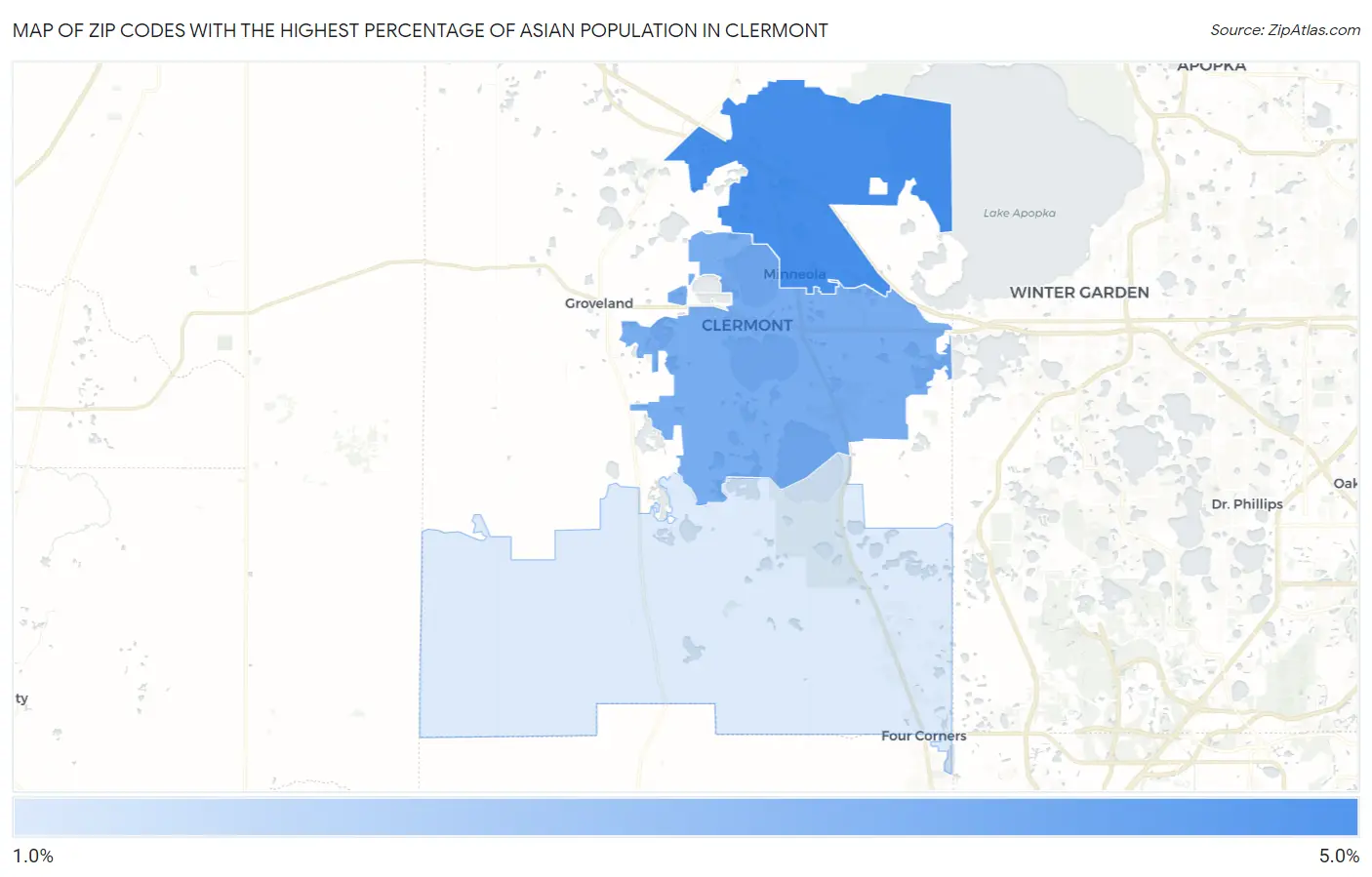 Zip Codes with the Highest Percentage of Asian Population in Clermont Map