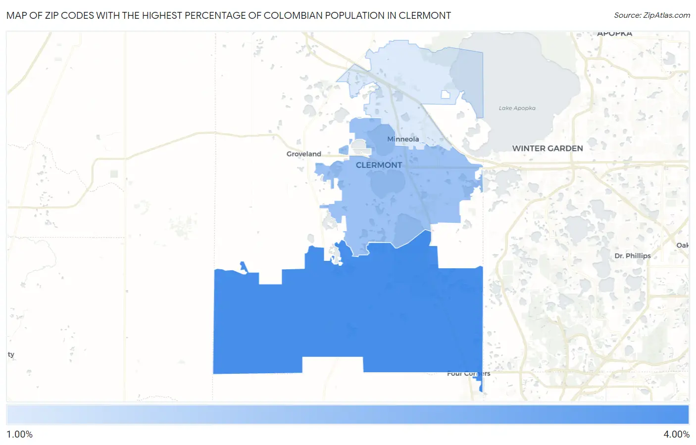 Zip Codes with the Highest Percentage of Colombian Population in Clermont Map