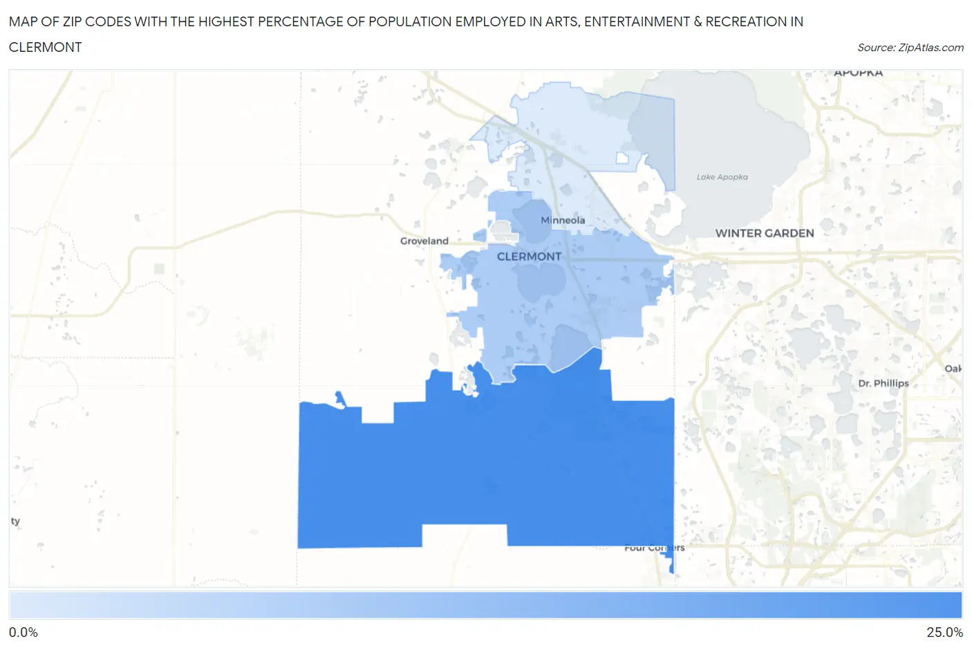 Zip Codes with the Highest Percentage of Population Employed in Arts, Entertainment & Recreation in Clermont Map