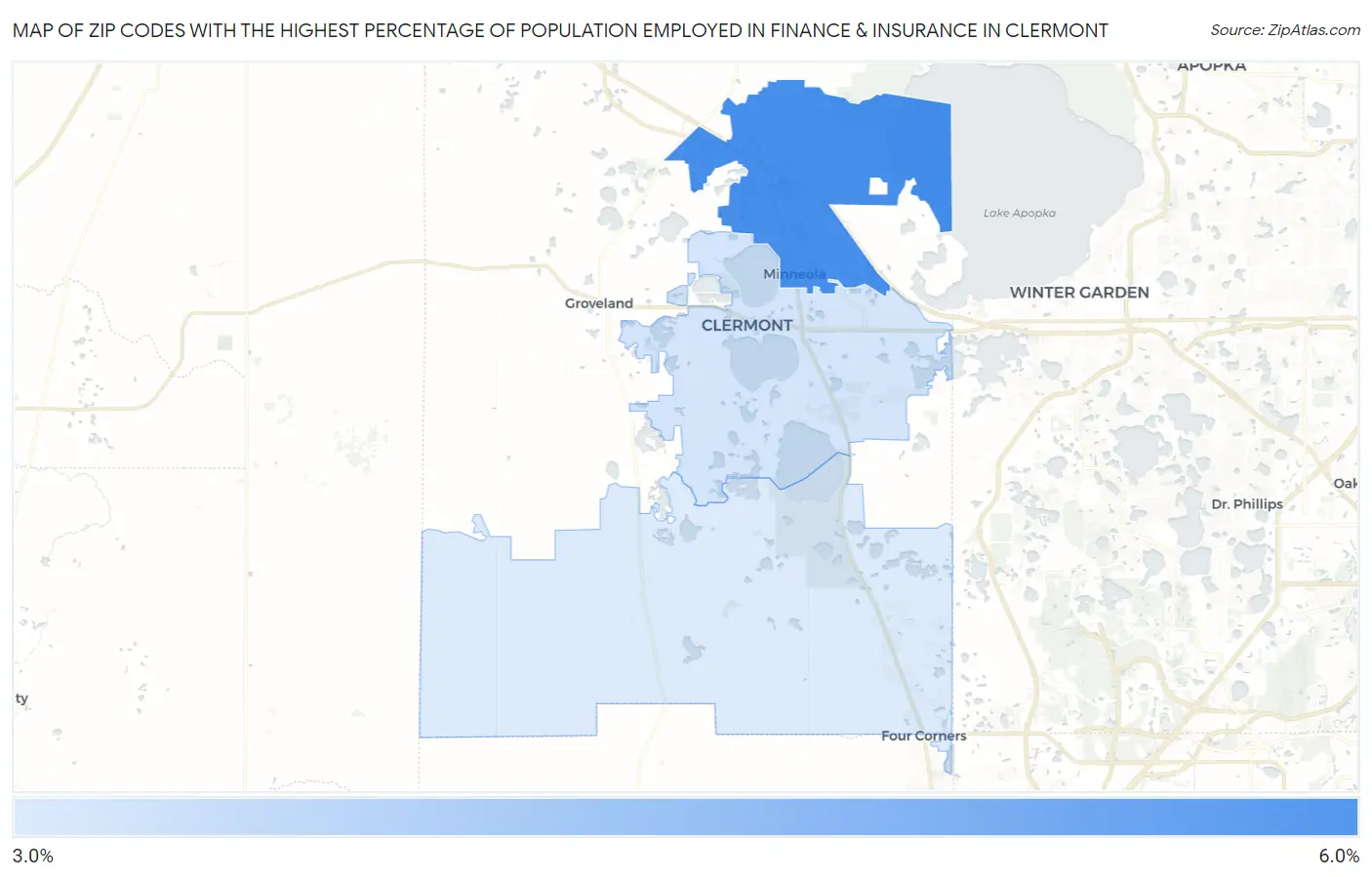 Zip Codes with the Highest Percentage of Population Employed in Finance & Insurance in Clermont Map