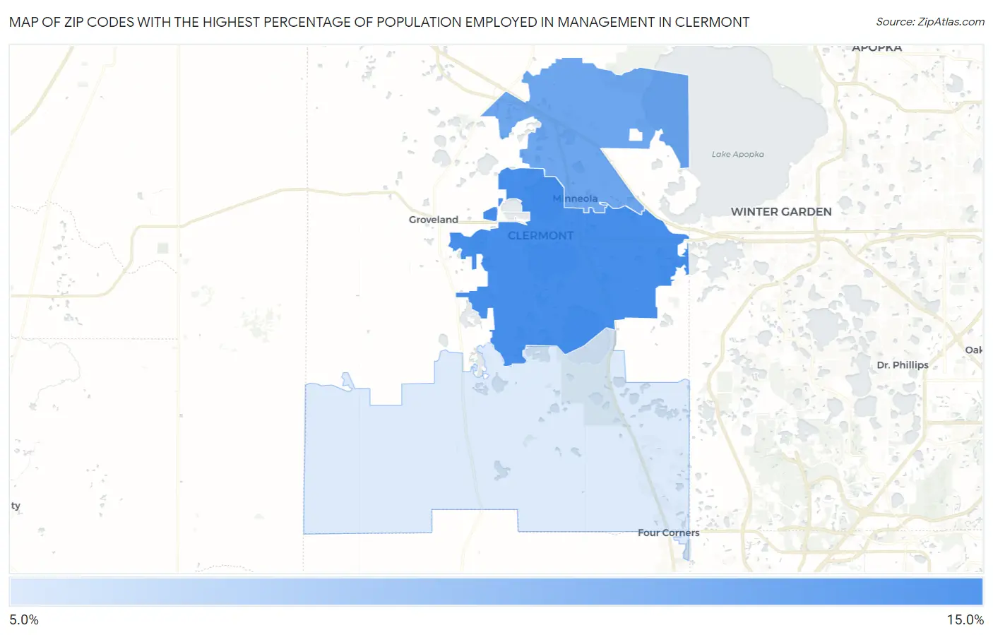 Zip Codes with the Highest Percentage of Population Employed in Management in Clermont Map