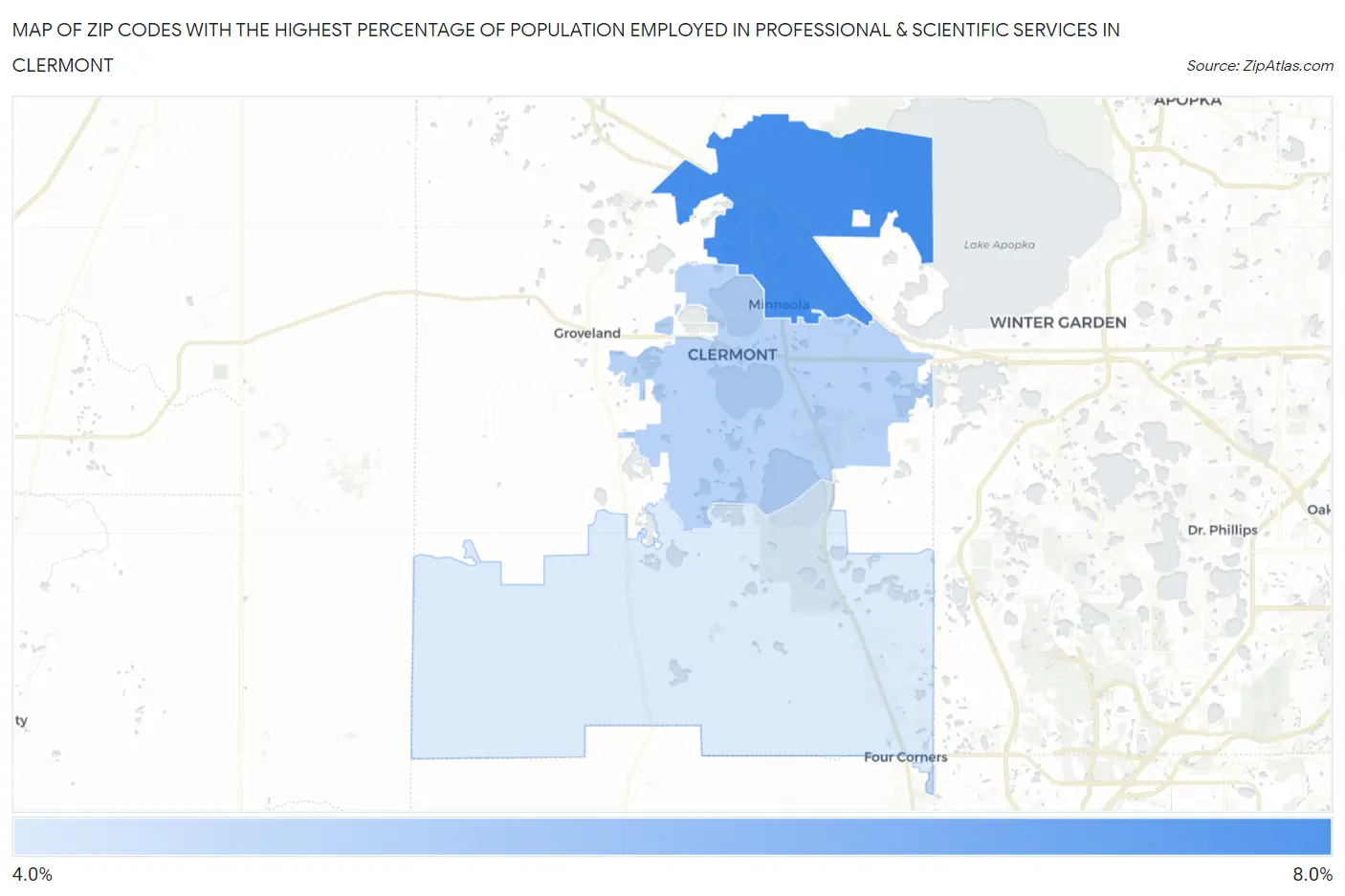 Zip Codes with the Highest Percentage of Population Employed in Professional & Scientific Services in Clermont Map