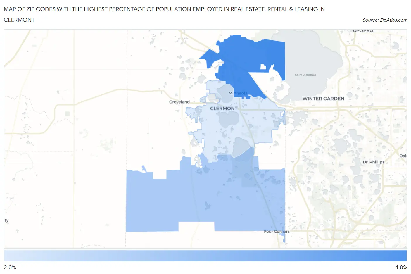 Zip Codes with the Highest Percentage of Population Employed in Real Estate, Rental & Leasing in Clermont Map