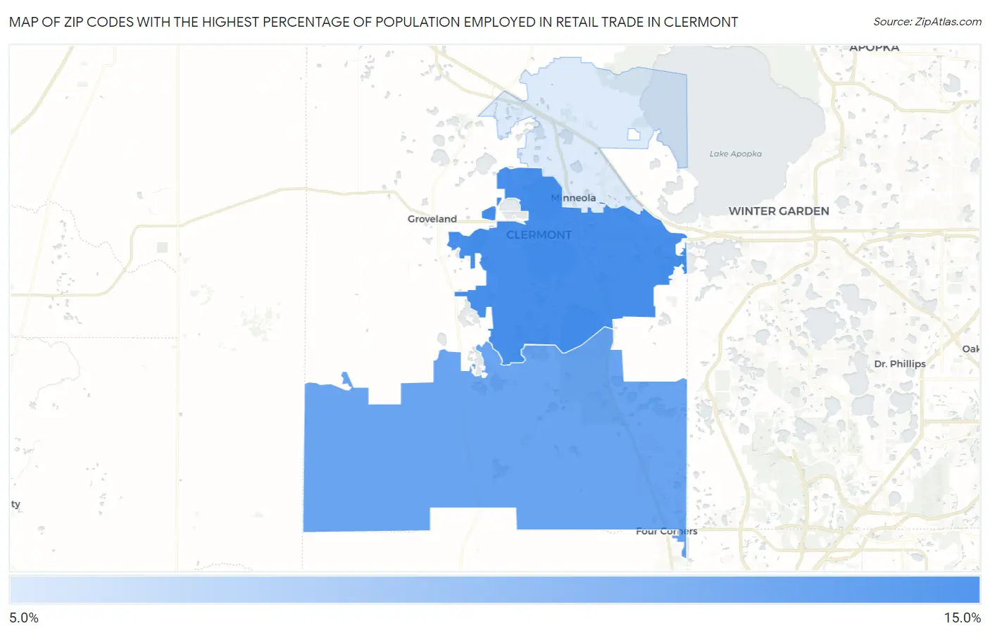 Zip Codes with the Highest Percentage of Population Employed in Retail Trade in Clermont Map