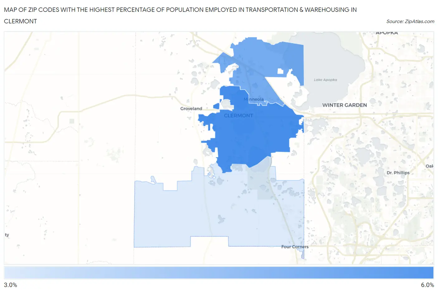 Zip Codes with the Highest Percentage of Population Employed in Transportation & Warehousing in Clermont Map