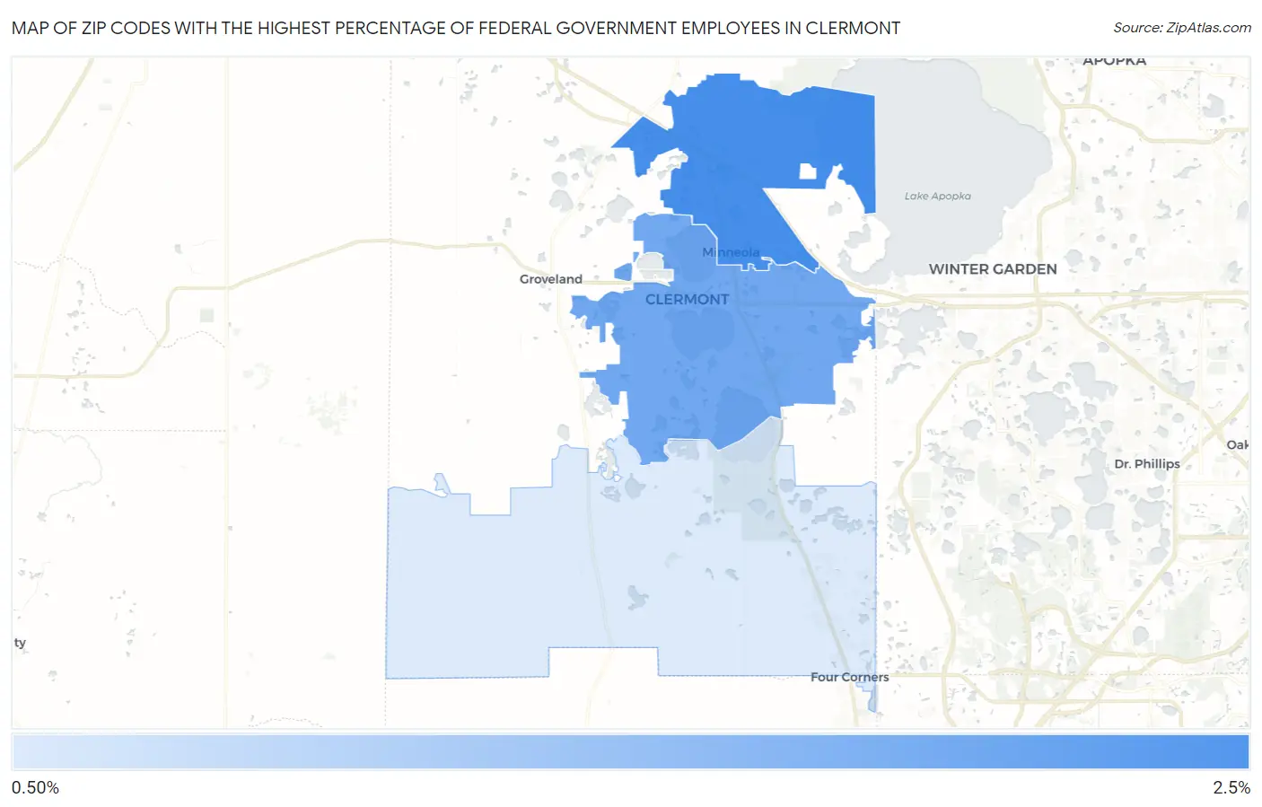 Zip Codes with the Highest Percentage of Federal Government Employees in Clermont Map