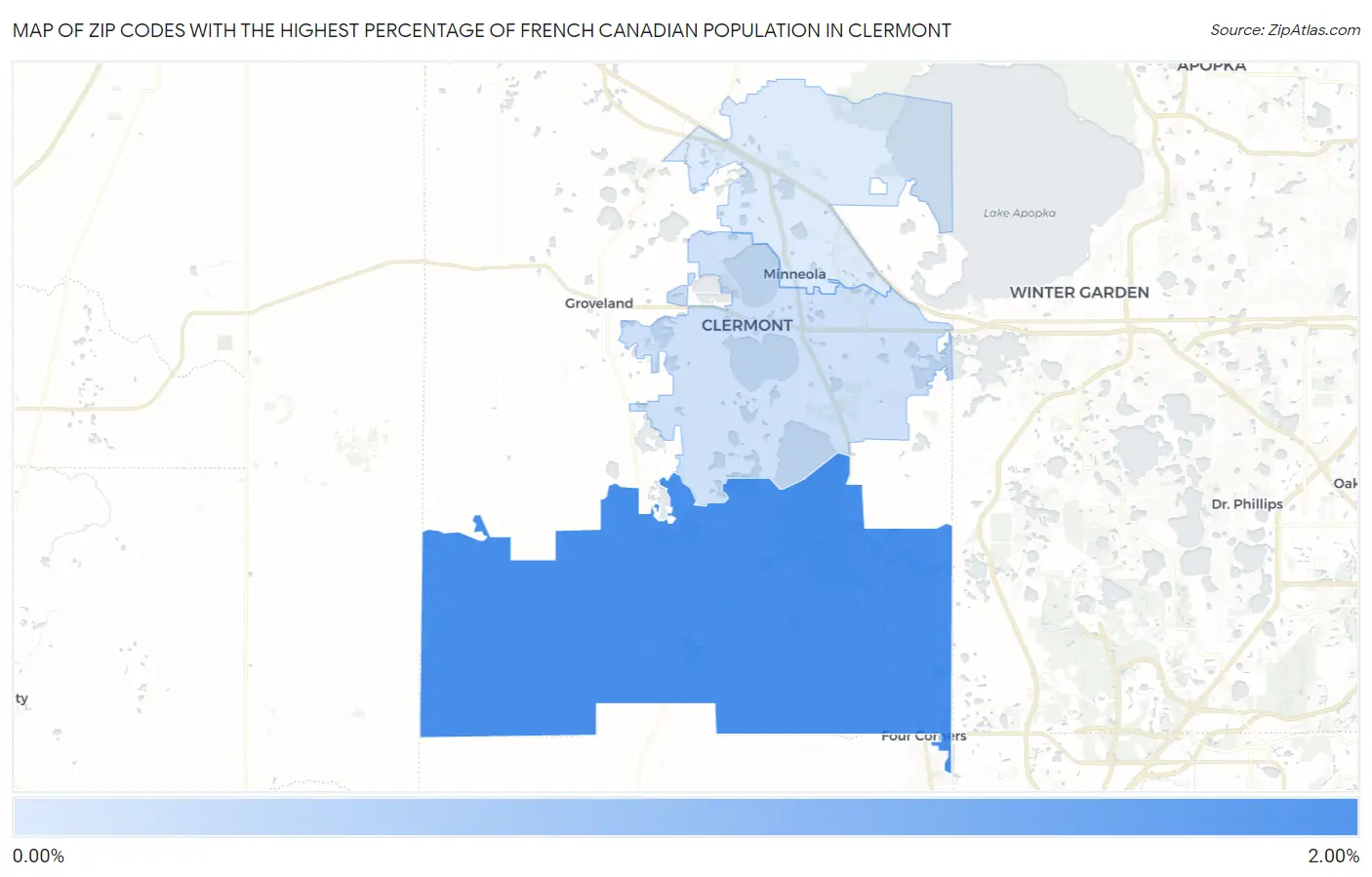 Zip Codes with the Highest Percentage of French Canadian Population in Clermont Map