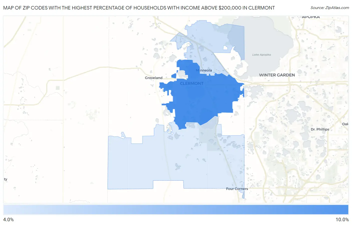 Zip Codes with the Highest Percentage of Households with Income Above $200,000 in Clermont Map