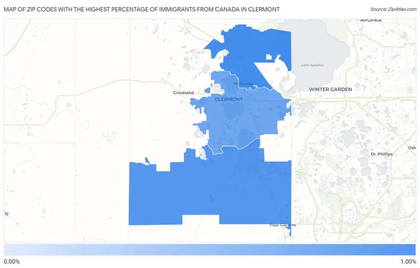 Zip Codes with the Highest Percentage of Immigrants from Canada in Clermont Map