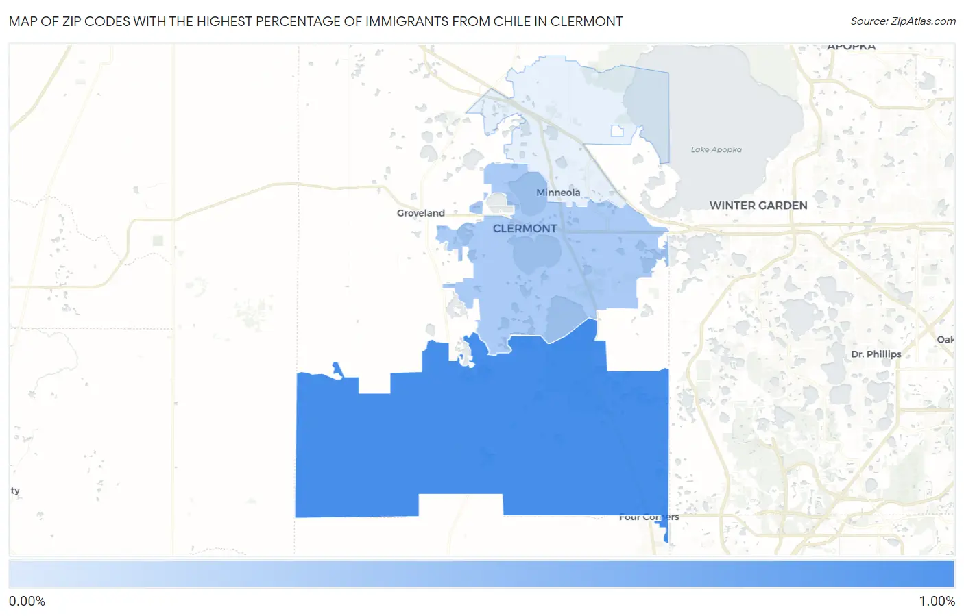 Zip Codes with the Highest Percentage of Immigrants from Chile in Clermont Map