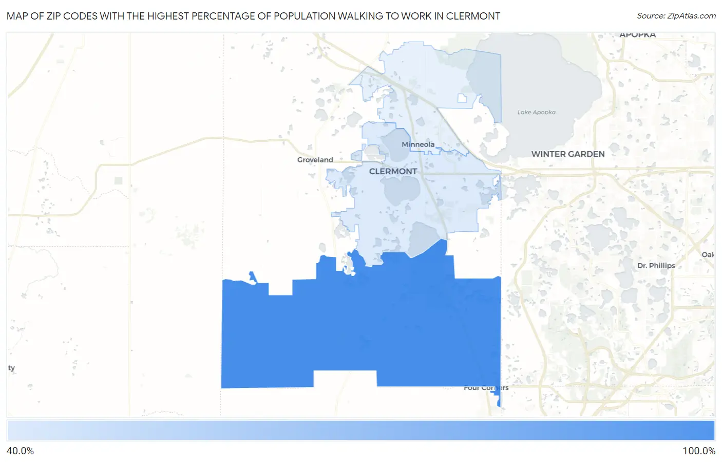Zip Codes with the Highest Percentage of Population Walking to Work in Clermont Map