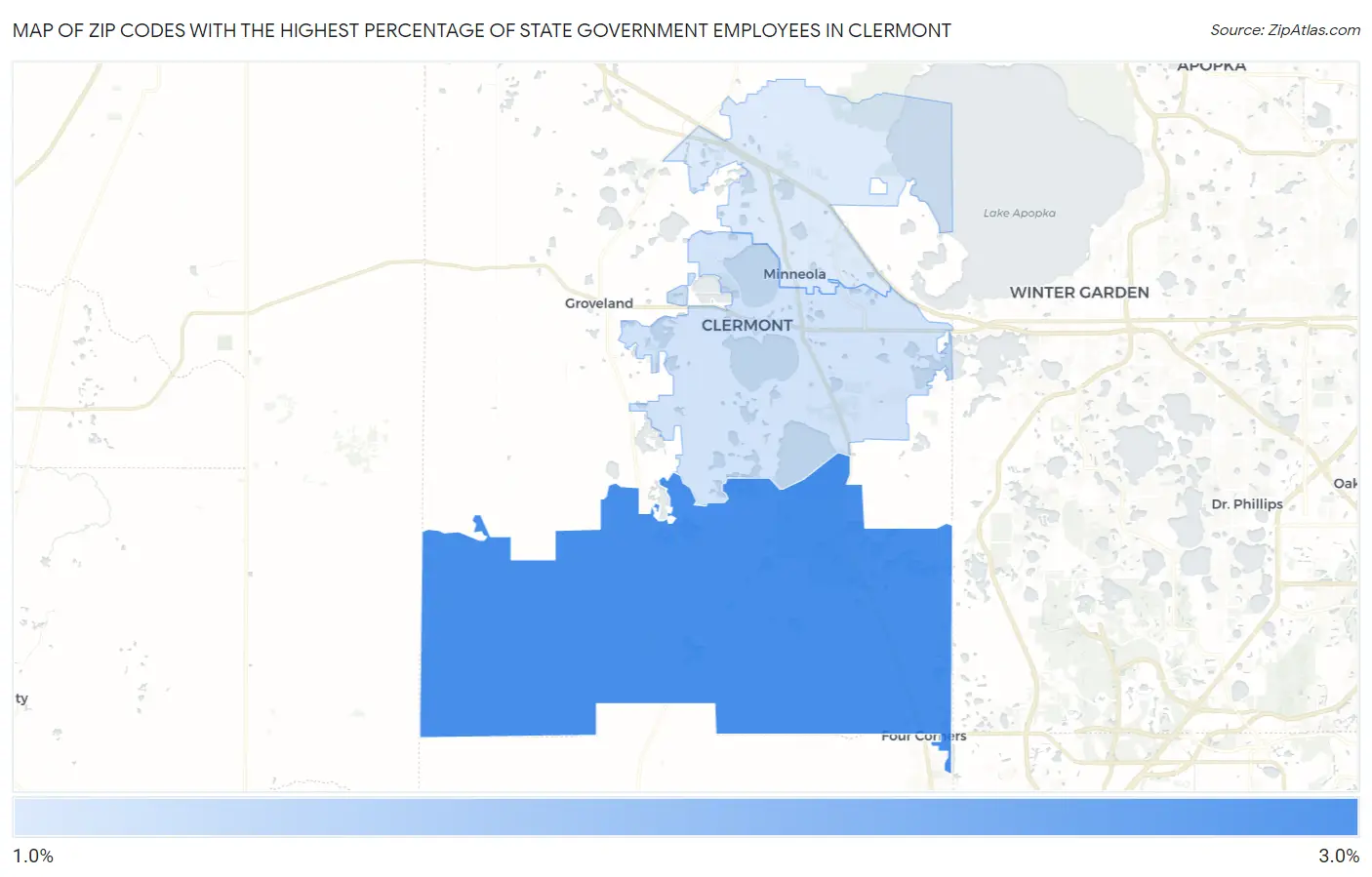Zip Codes with the Highest Percentage of State Government Employees in Clermont Map