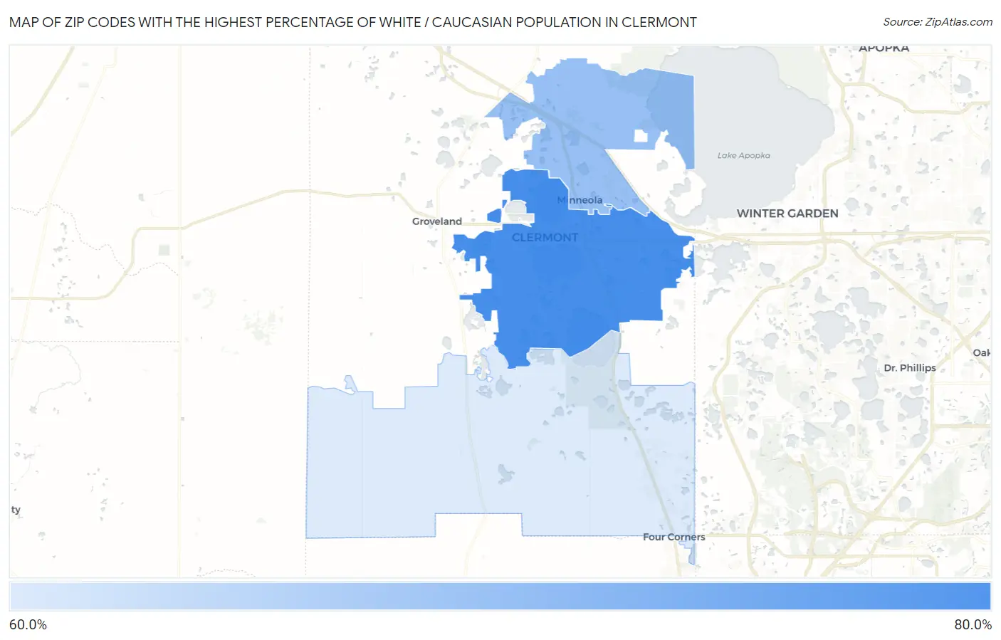 Zip Codes with the Highest Percentage of White / Caucasian Population in Clermont Map