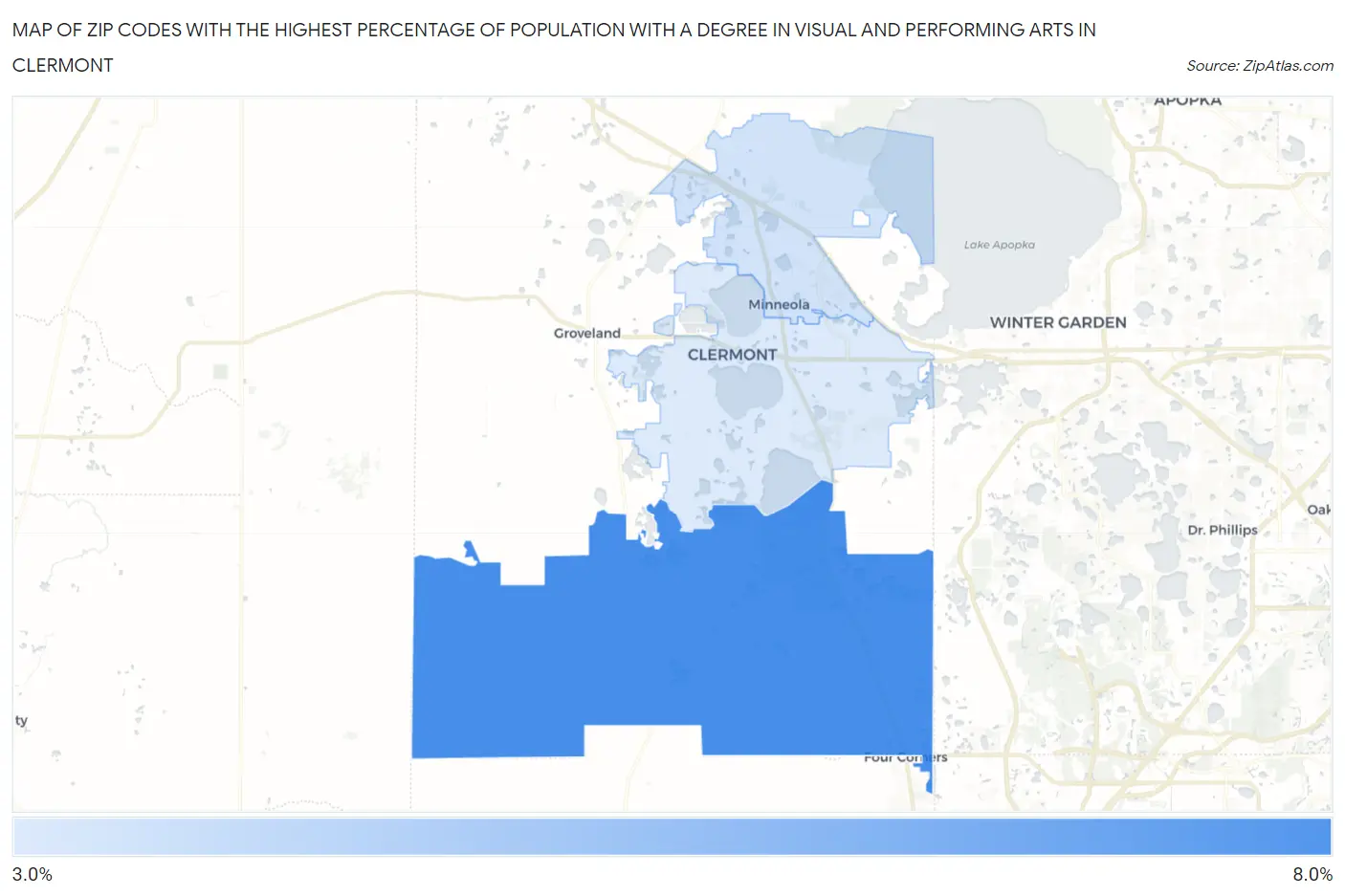 Zip Codes with the Highest Percentage of Population with a Degree in Visual and Performing Arts in Clermont Map