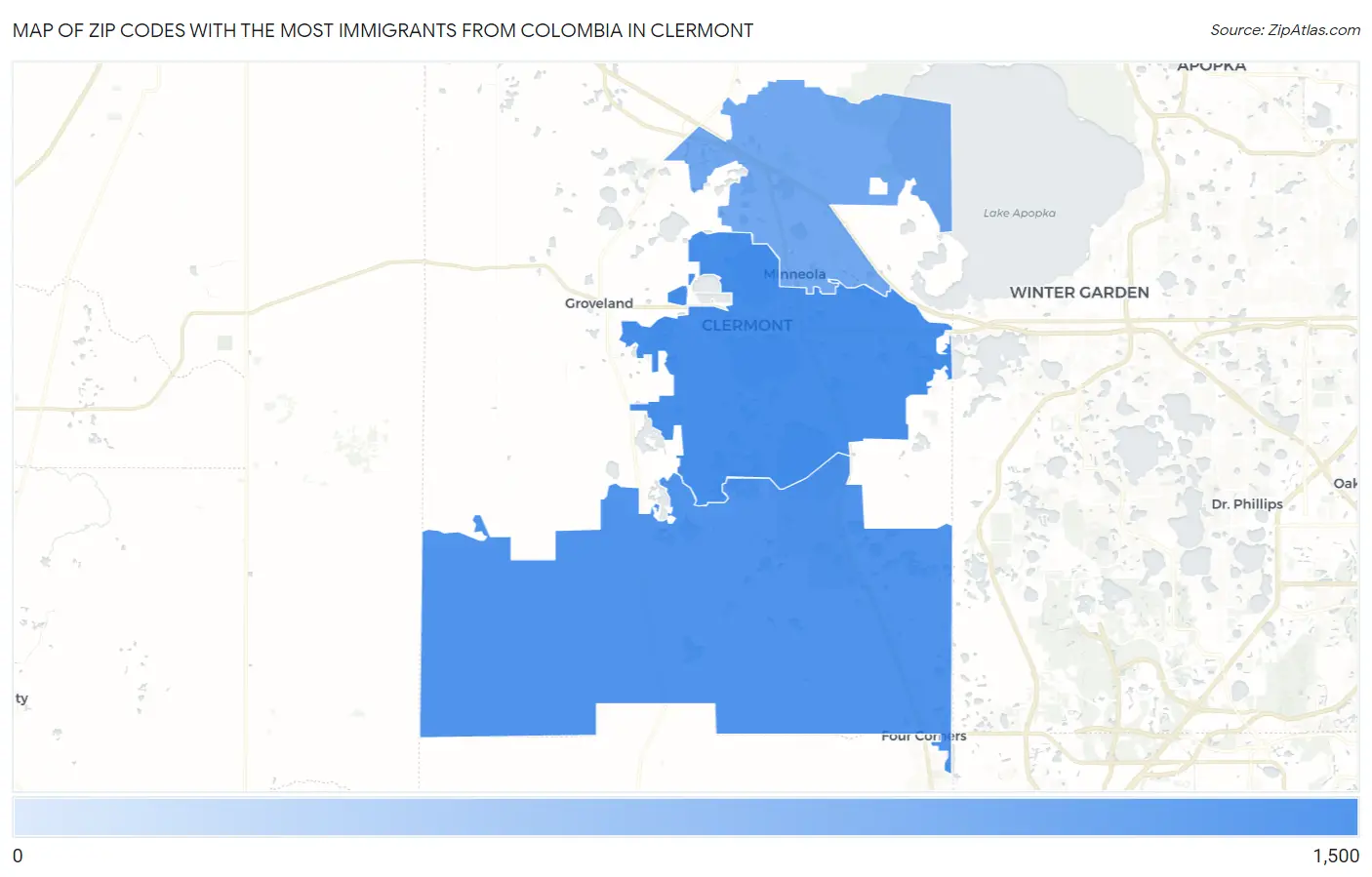 Zip Codes with the Most Immigrants from Colombia in Clermont Map