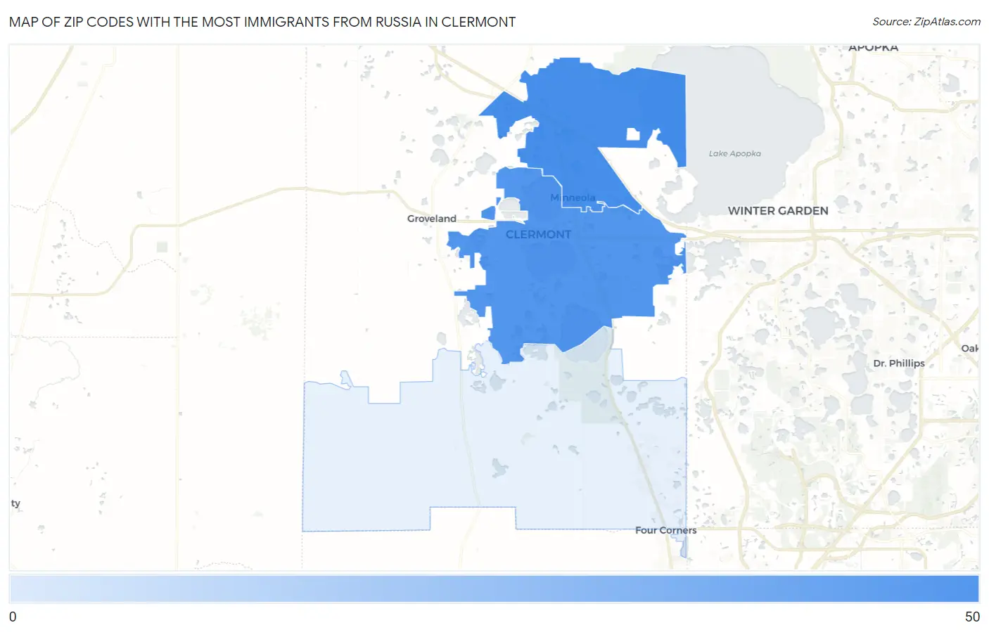 Zip Codes with the Most Immigrants from Russia in Clermont Map